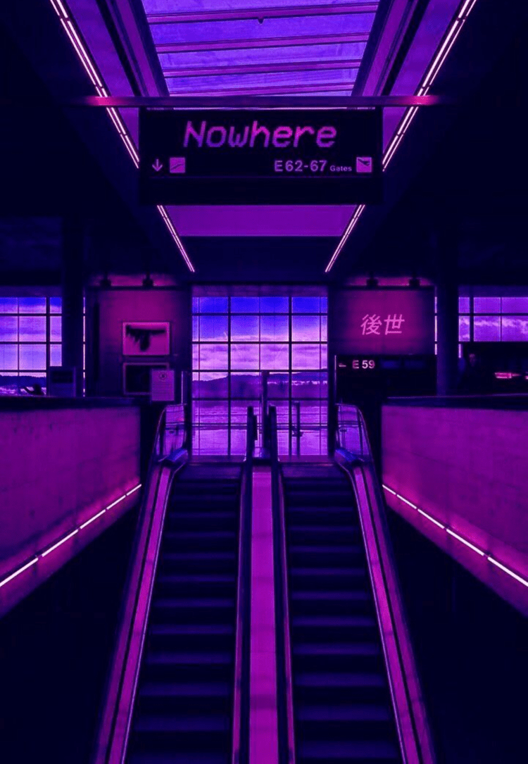 A purple lit up escalator in an airport - 90s anime
