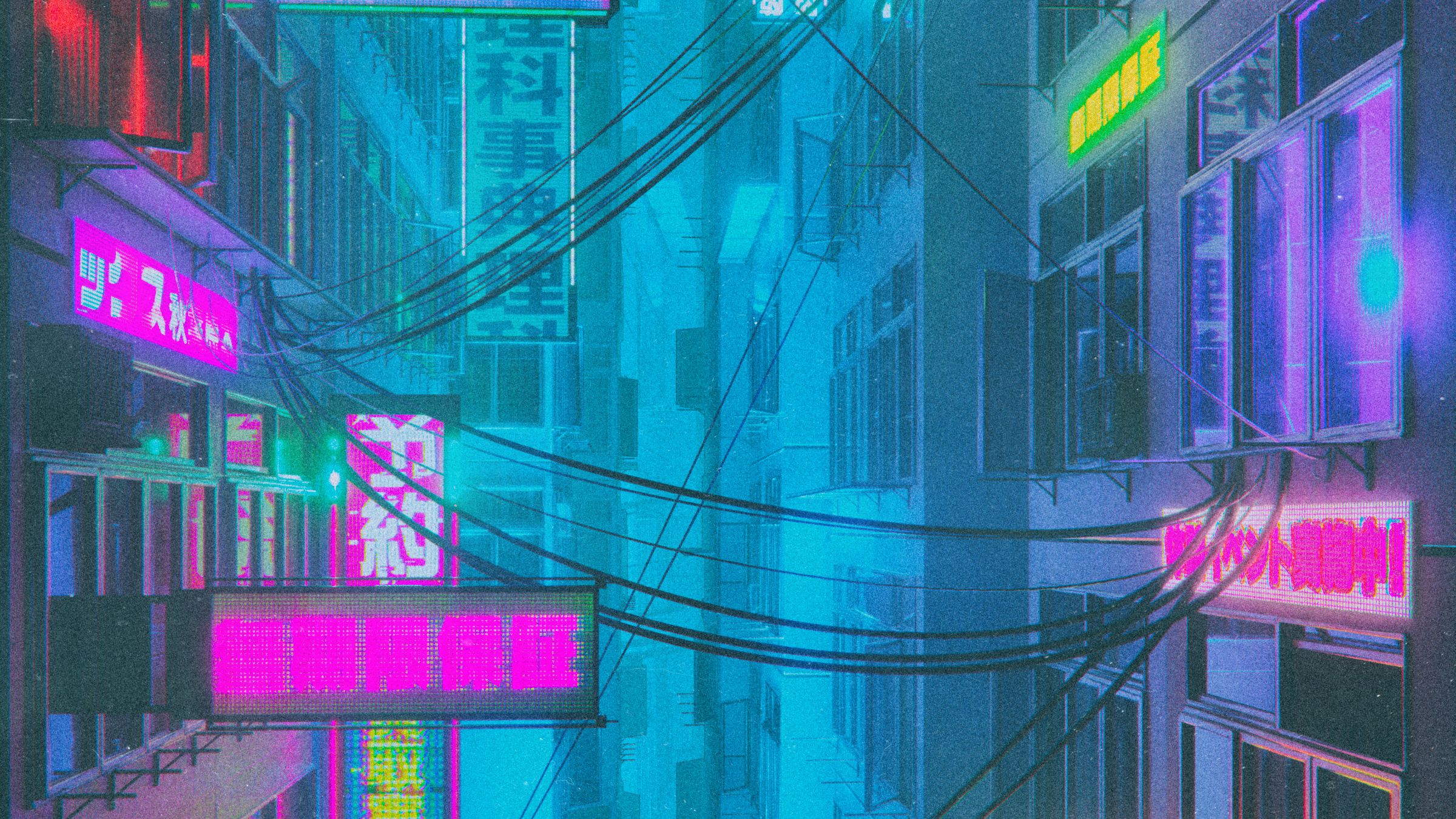 A cyberpunk city street at night with neon signs - 90s anime