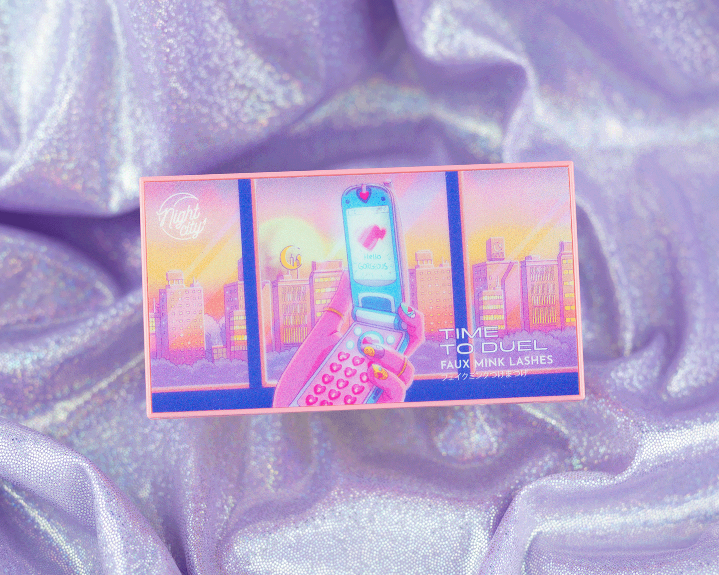 The packaging of the Time to Duet Faux Mink Lashes by High City, which features a pink phone with a cityscape in the background - 90s anime