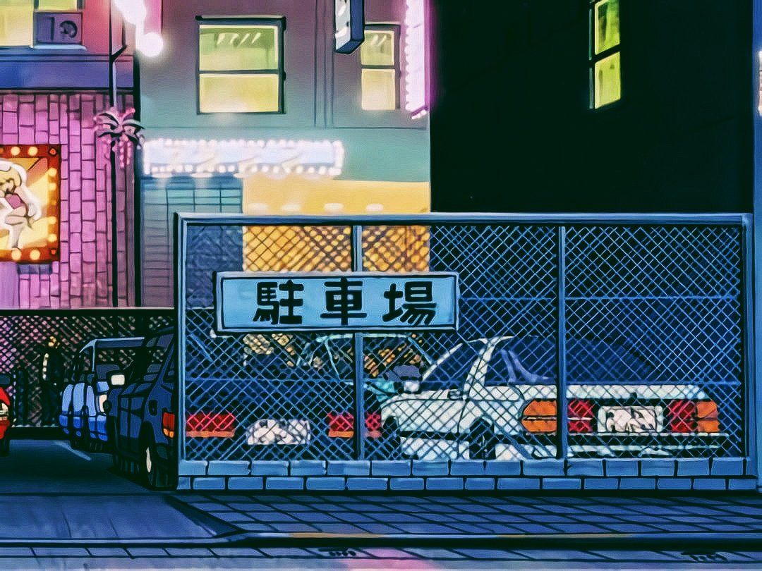 A cartoon parking lot at night with a sign that says 