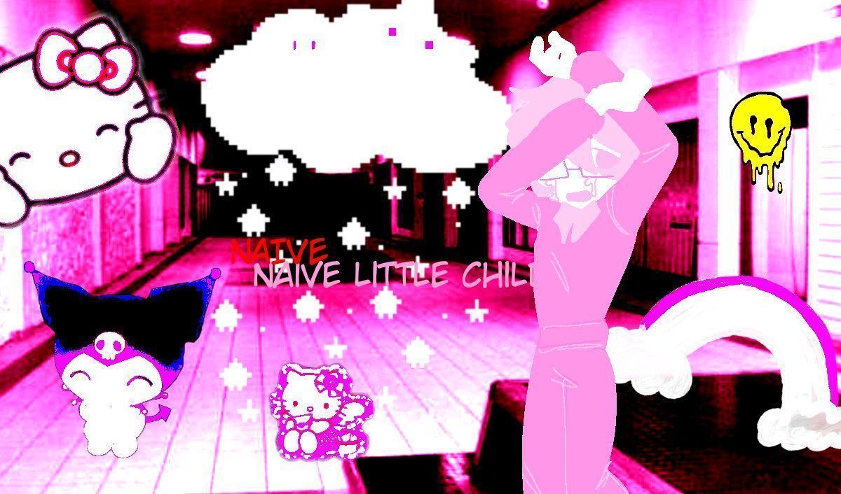 A hello kitty in pink with other characters - Weirdcore, traumacore