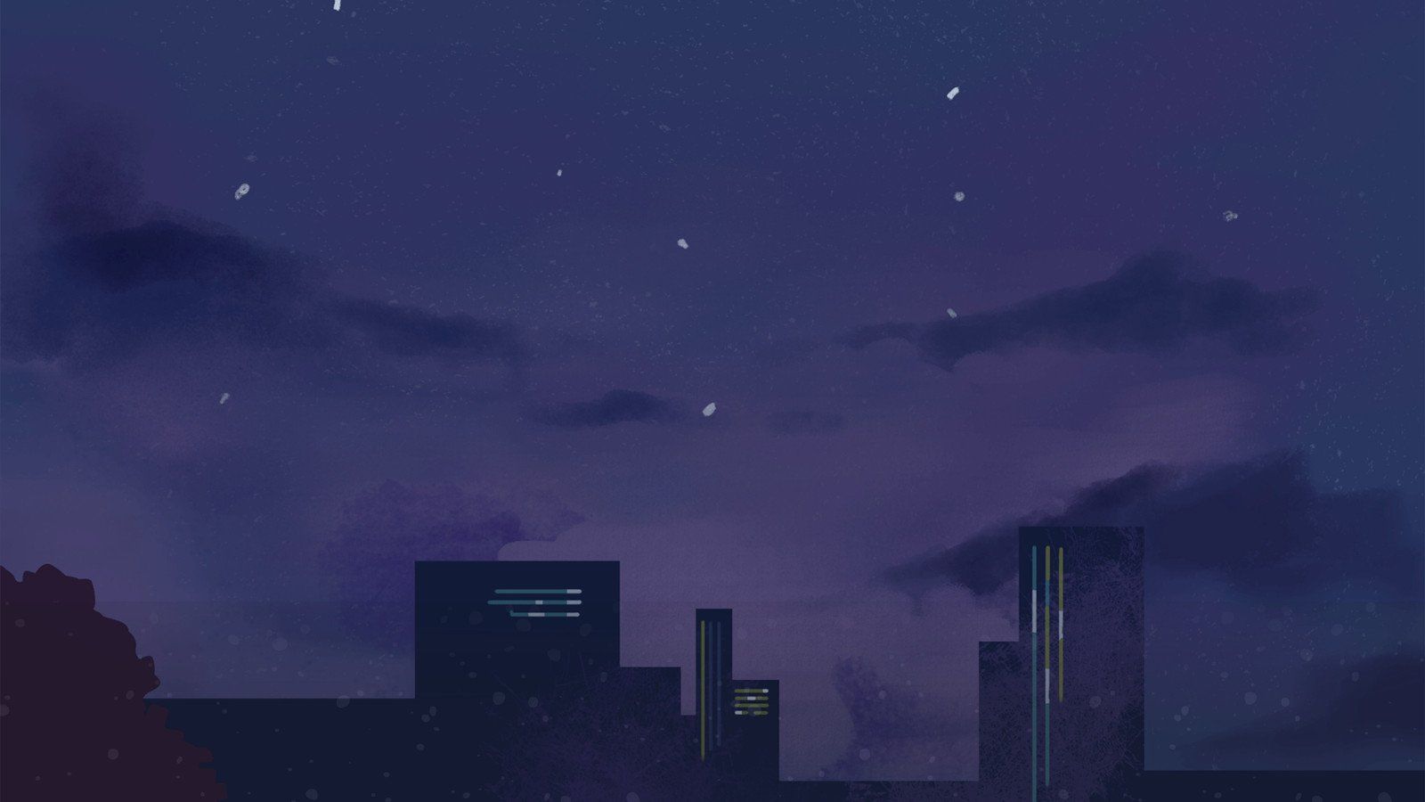 A city skyline with clouds and stars in the background - 90s anime, 90s, anime, Japan