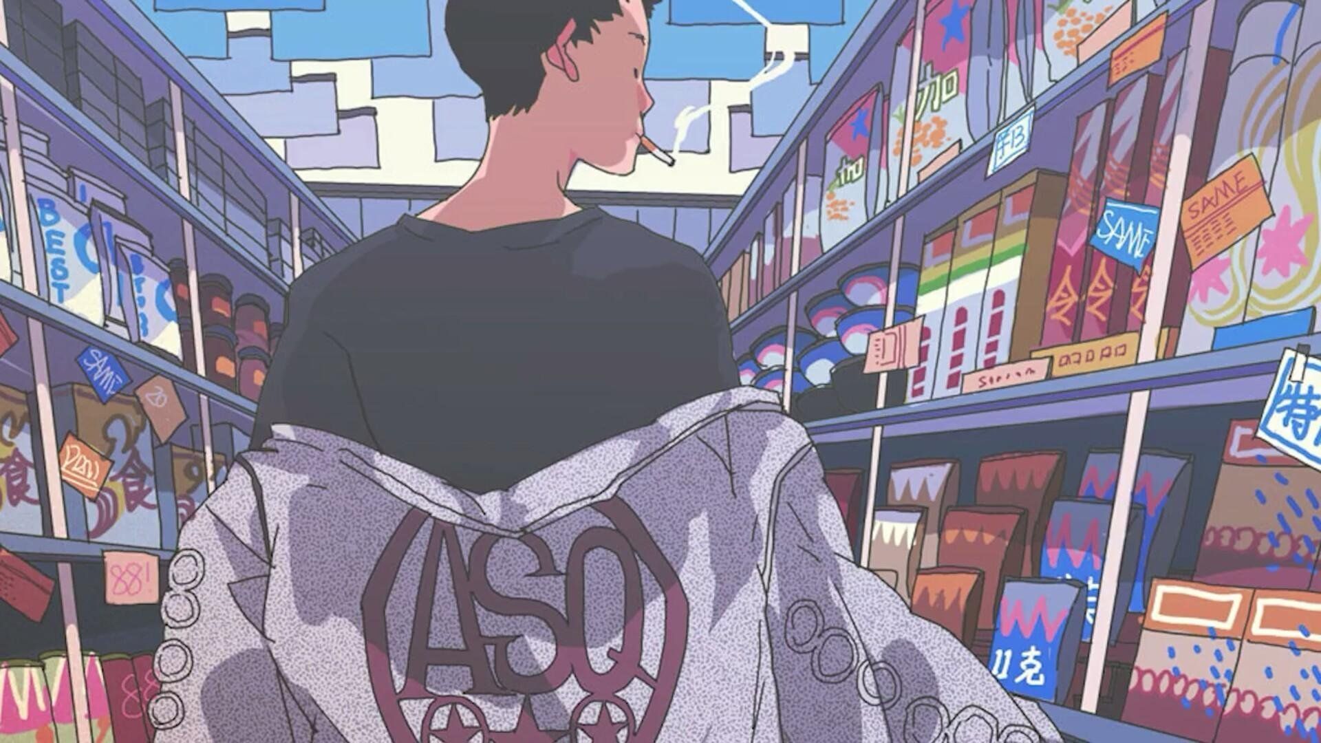 A man in an aso jacket walks down the middle of this store - 90s anime, anime