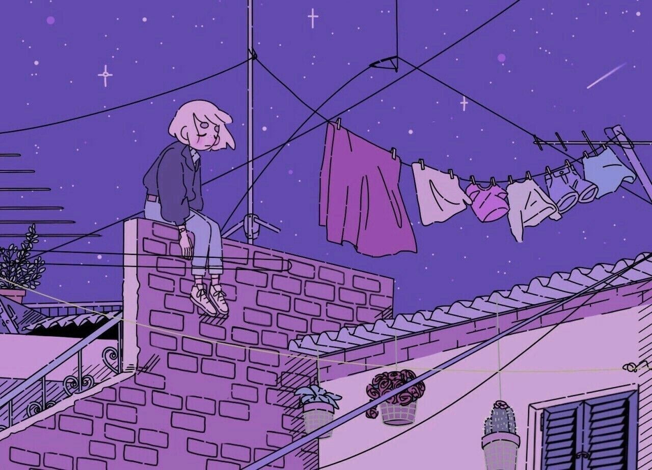 A character sits on a clothesline in a purple sky - 90s anime, anime, lo fi