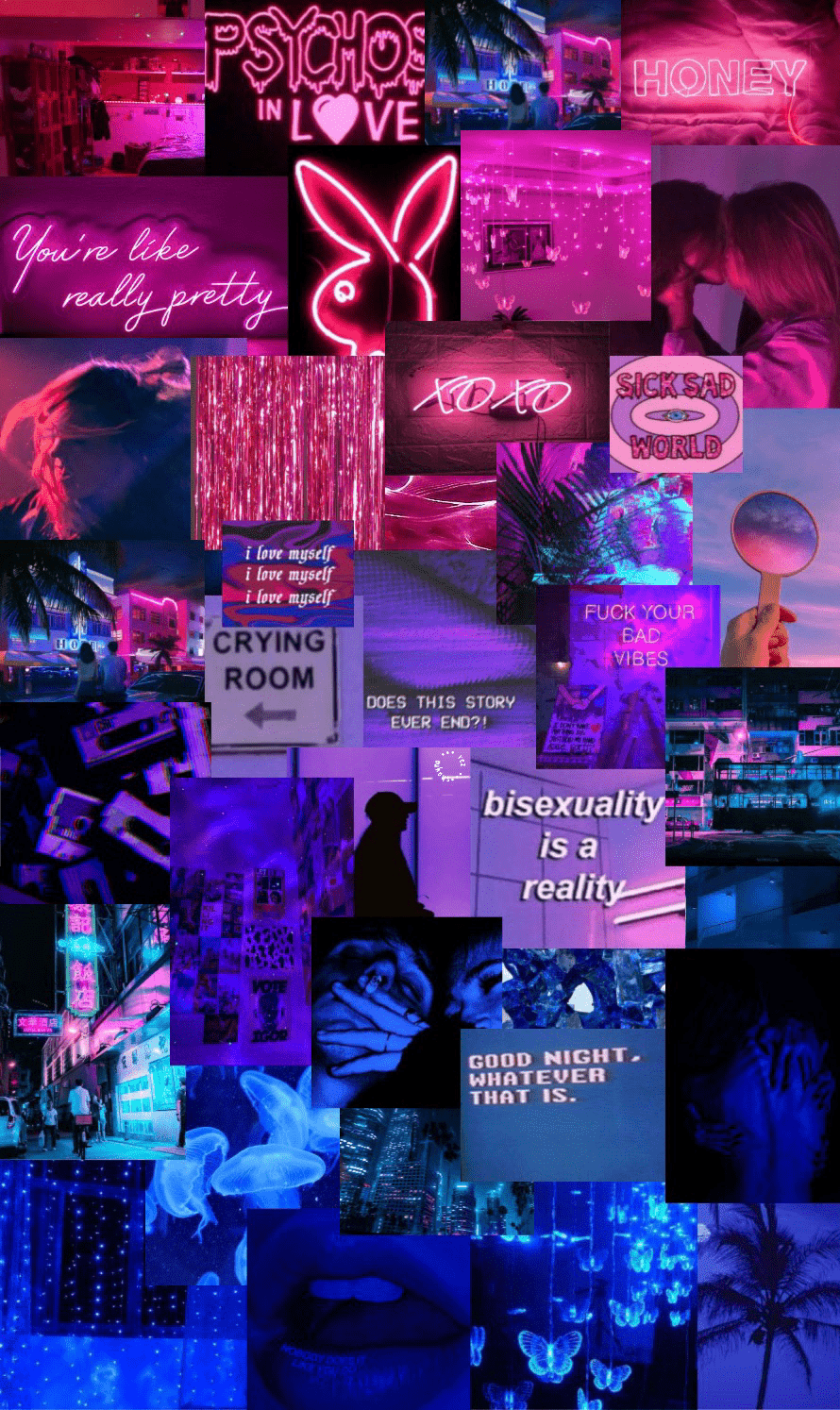 Aesthetic phone background collage of pink and purple neon signs, photos, and quotes. - Bisexual
