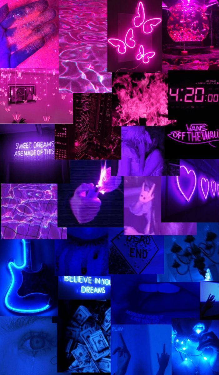 Collage of photos in blue and purple neon aesthetic, featuring a girl holding a lighter, and money, hearts and flowers - Bisexual