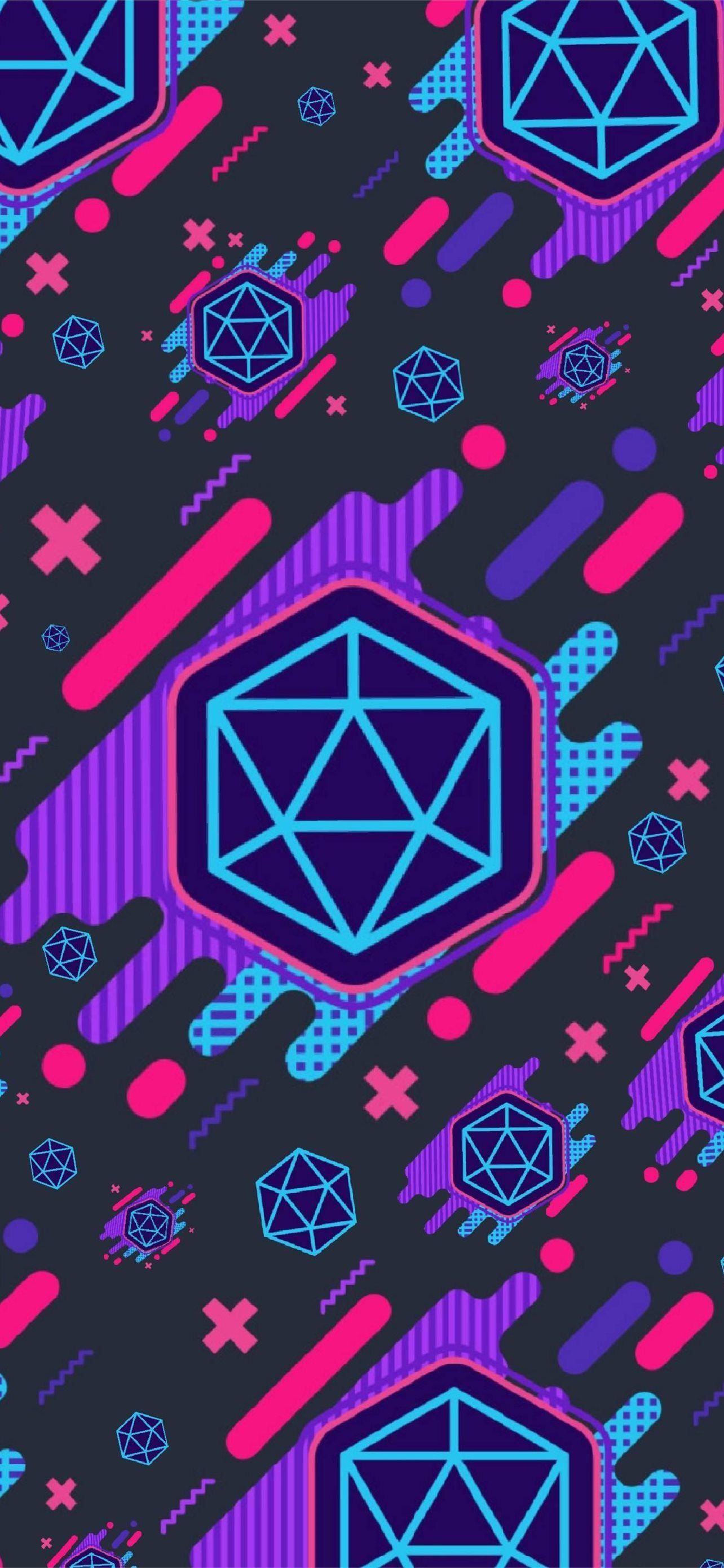 A pattern of neon D20s on a black background - Bisexual