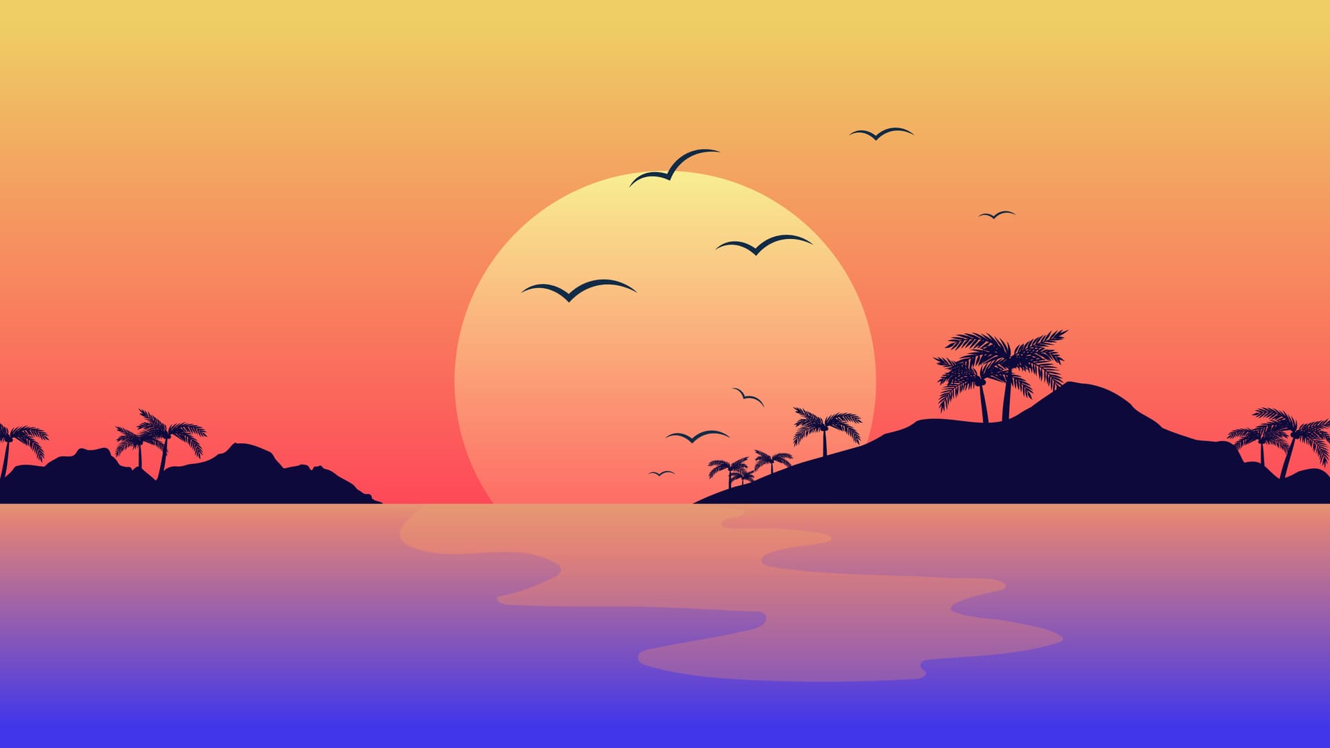 A sunset with palm trees and birds flying - HD, Windows 10