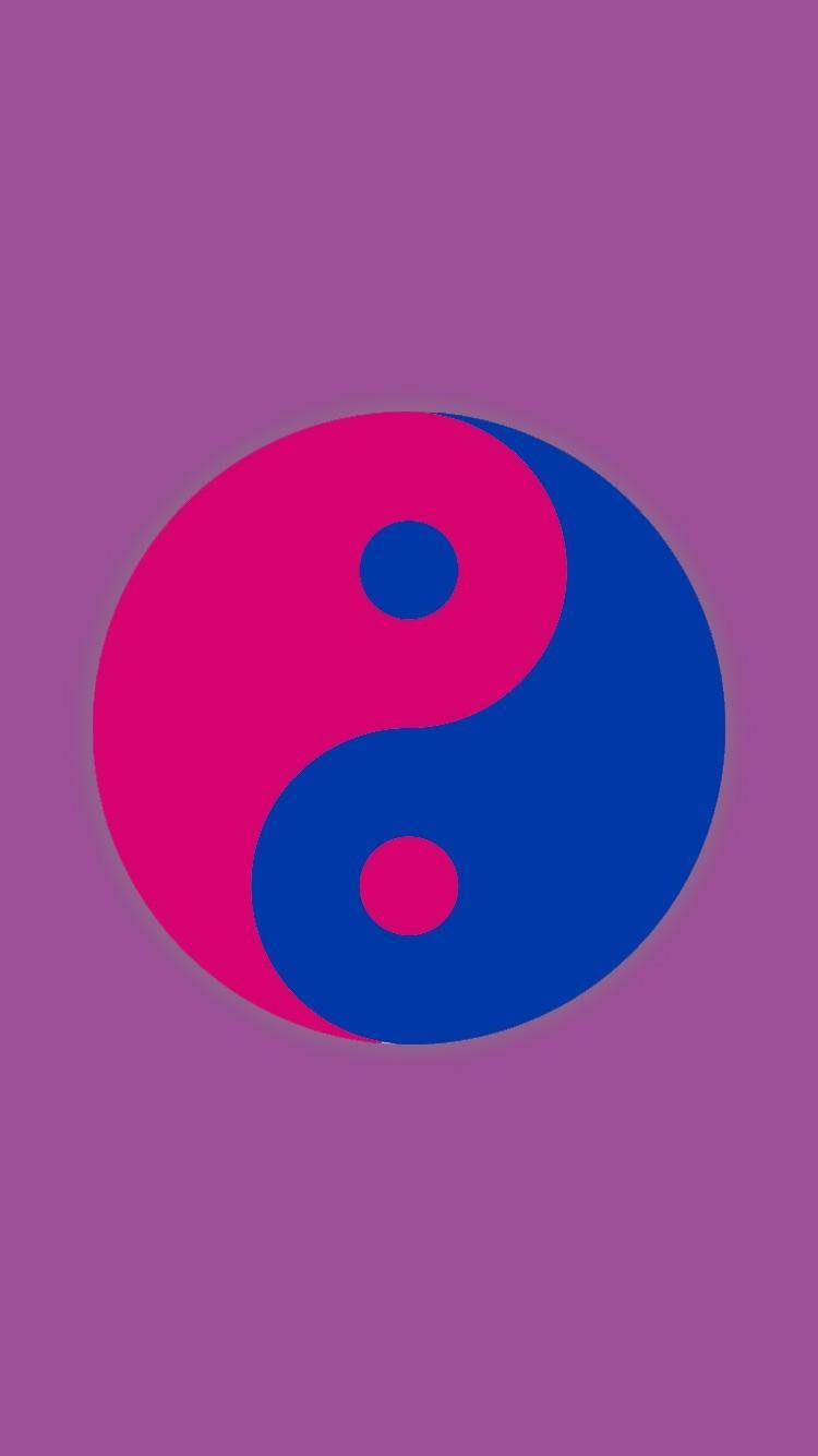 A pink and blue yin yang symbol on a purple background - Bisexual