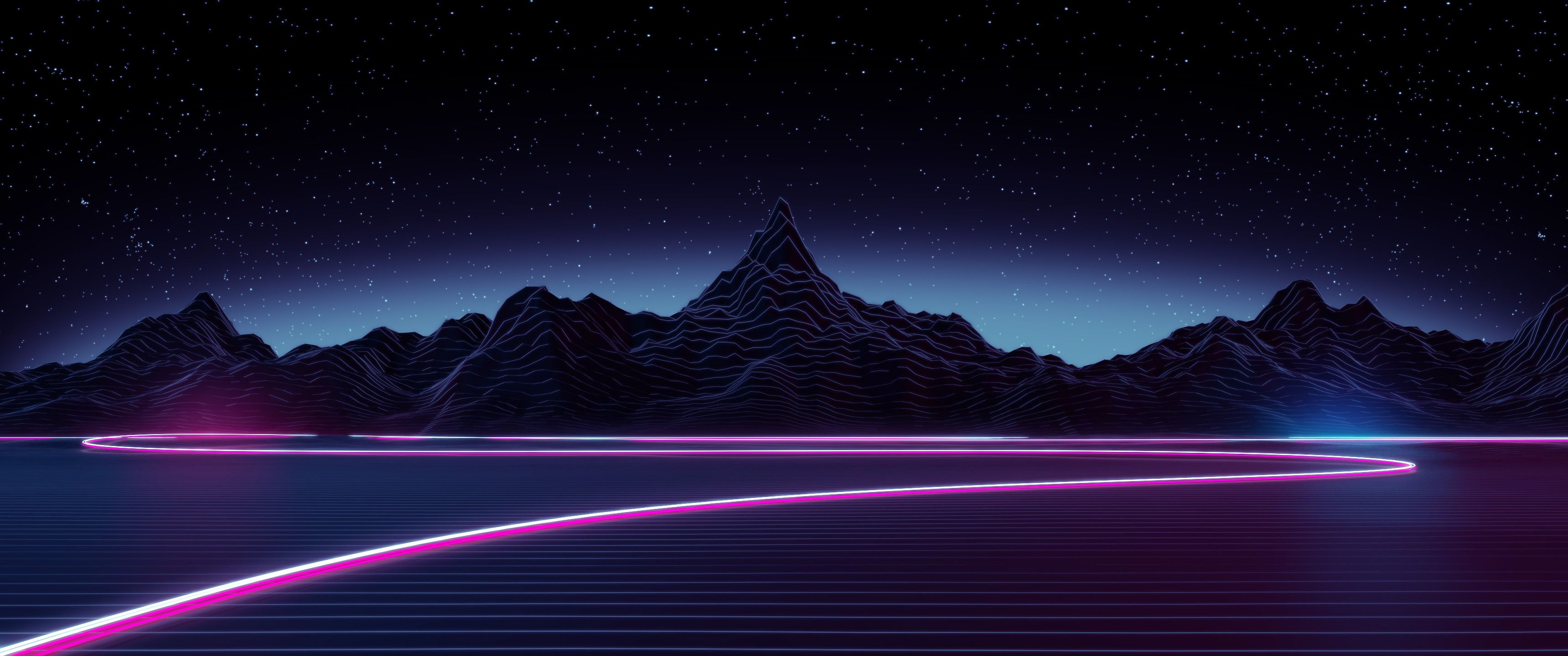 Neon lights on the water with mountains in the background - Navy blue, mountain, scenery, dark blue, landscape, dark vaporwave, lo fi, synthwave, low poly