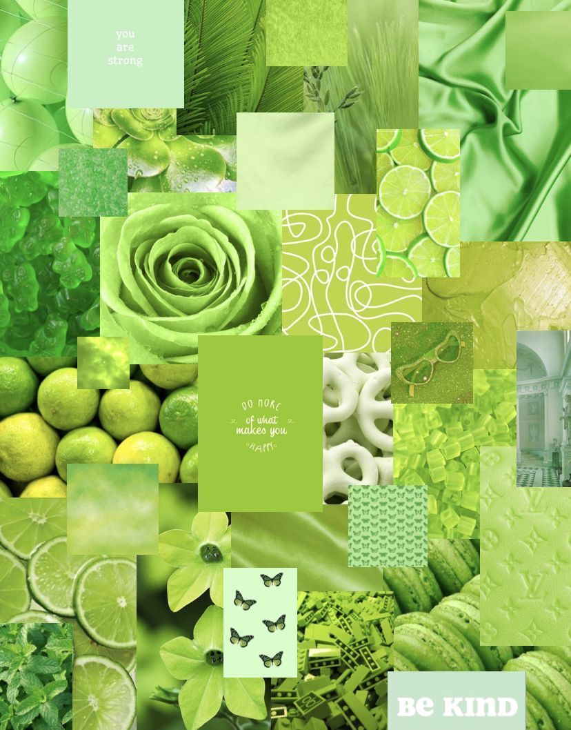 A collage of different green images such as limes, leaves, and roses. - Light green, lime green