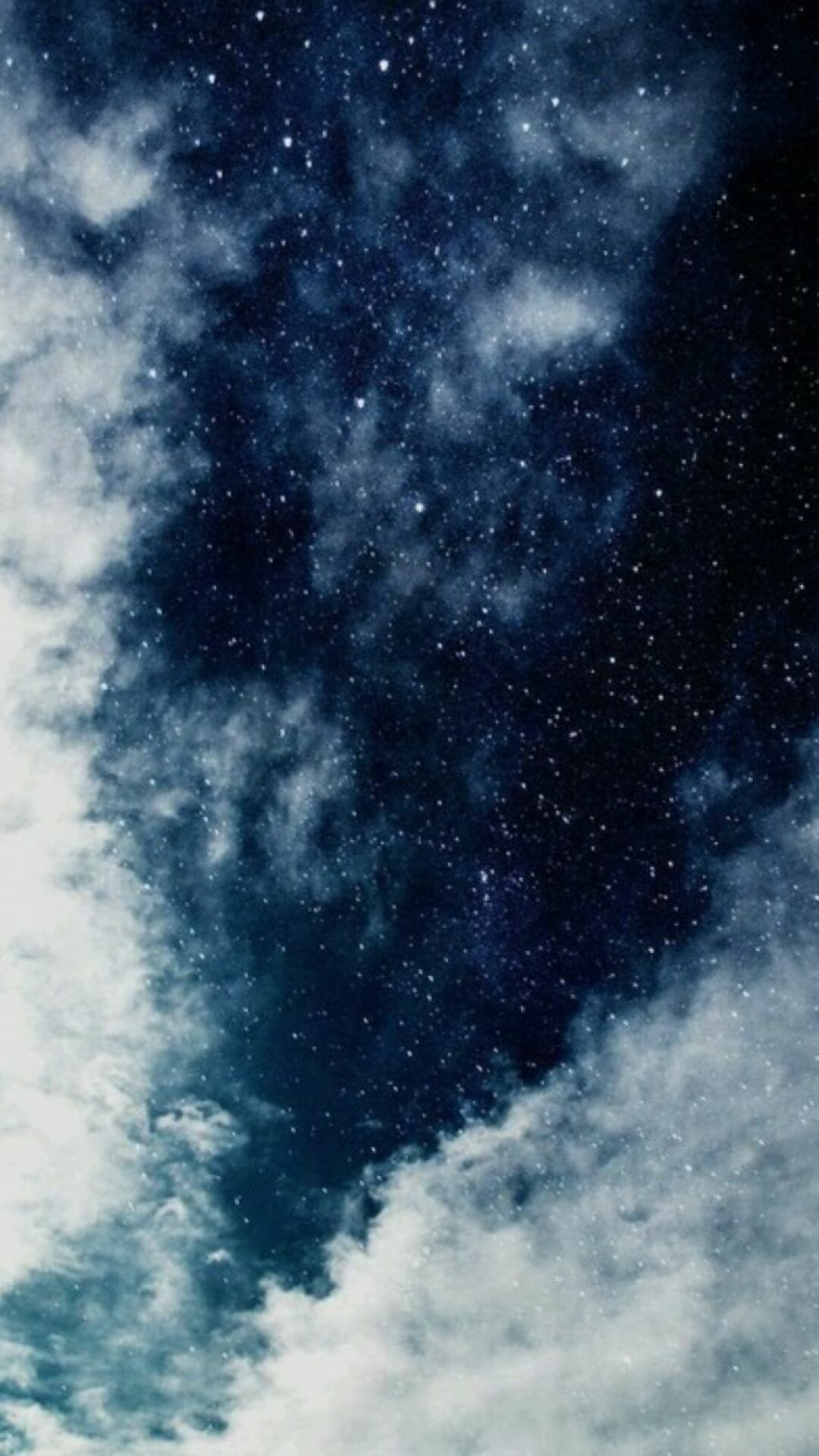 IPhone wallpaper with dark blue sky, white clouds and stars. - Navy blue