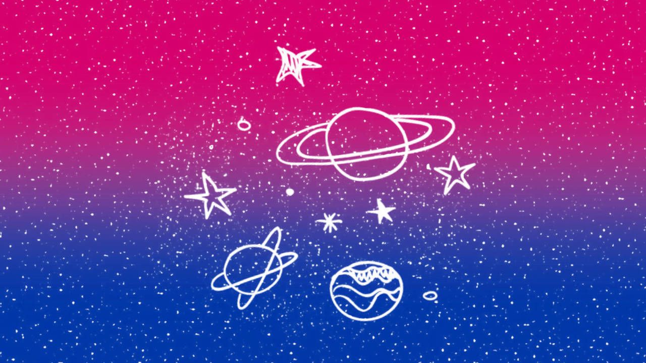 A bisexual pride flag colored background with planets and stars in white. - Bisexual