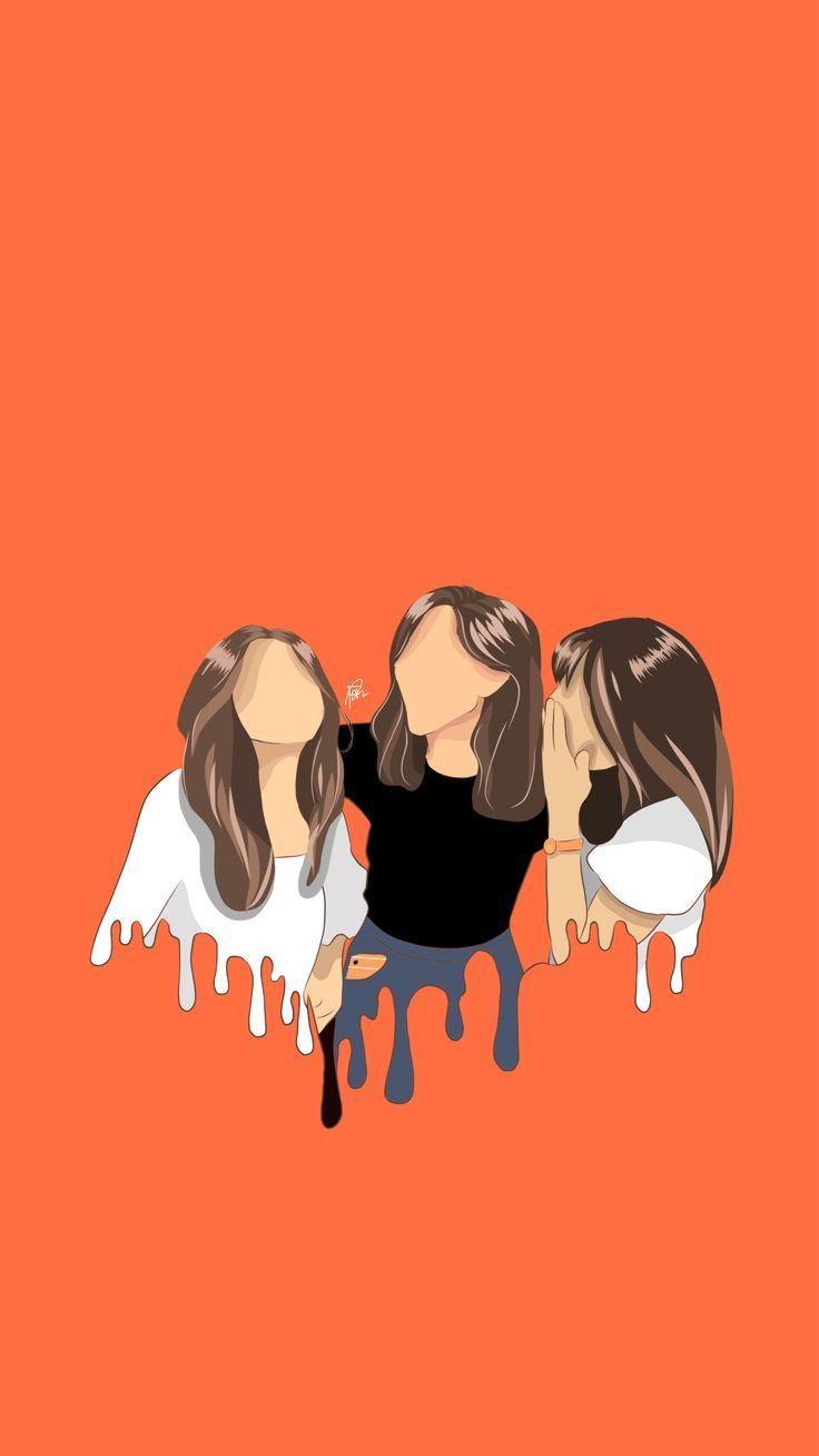 Three girls with long brown hair, one in black, one in white, and one in orange, are standing in a row. - Bestie