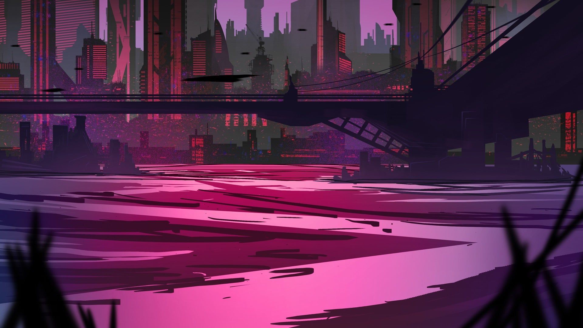 A cyberpunk city at night with a pink river - Aesthetica of a Rogue Hero, 1920x1080