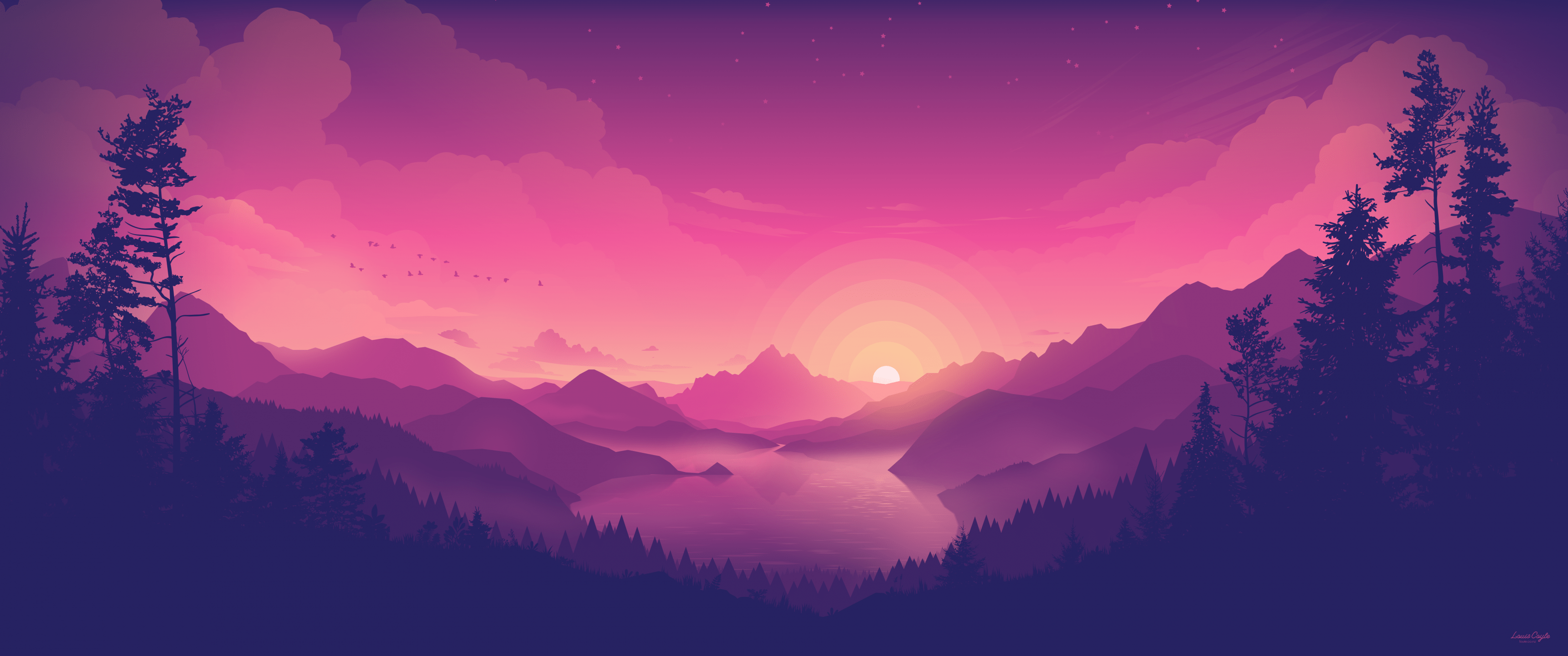 A purple and pink sunset over the mountains - 3440x1440