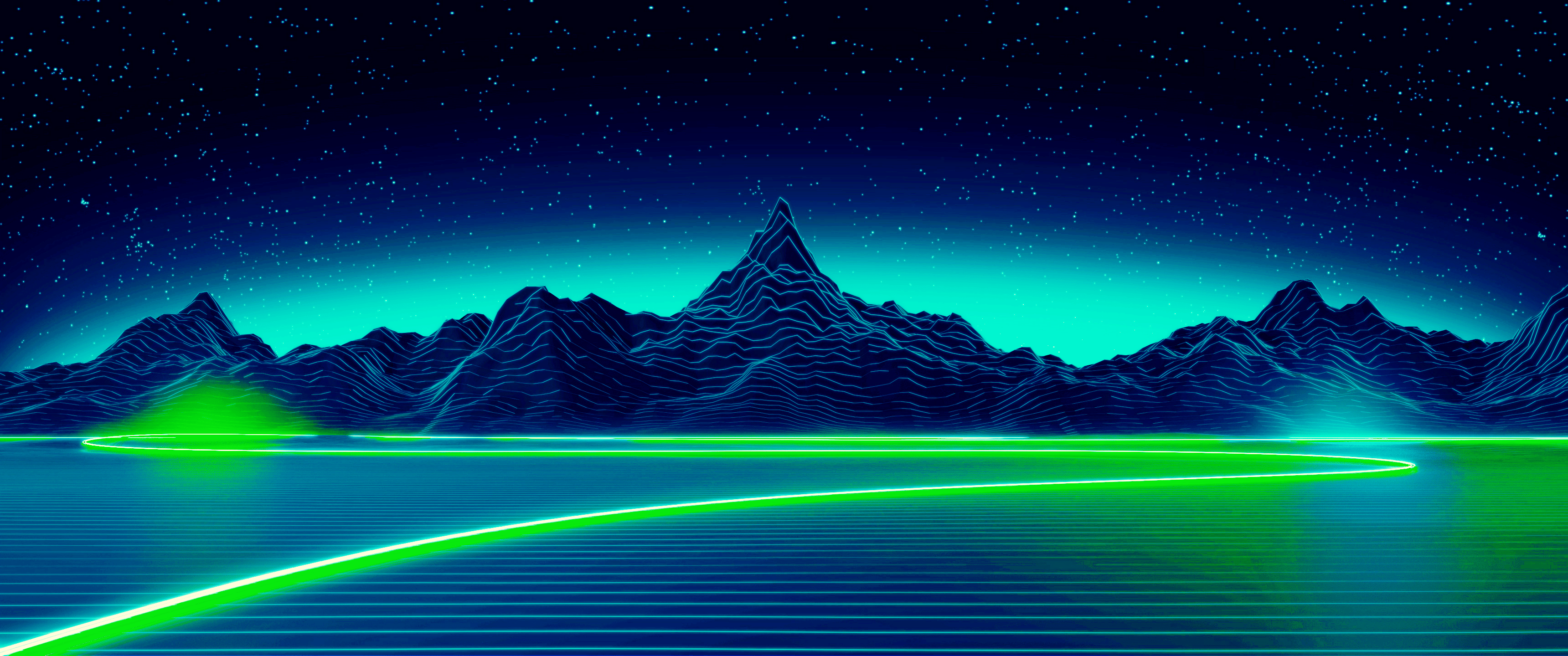 A neon green and blue synthwave wallpaper with a road going through a field - 3440x1440