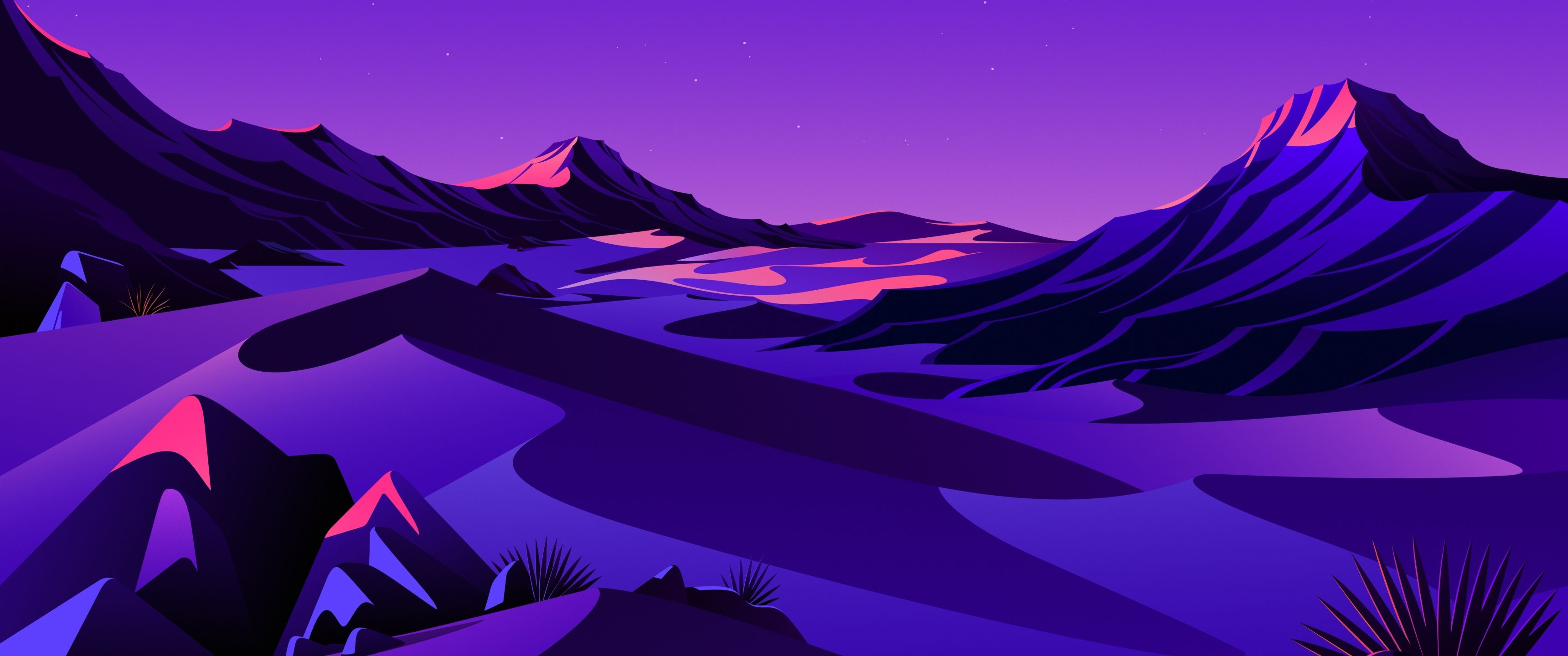 A purple desert at night with pink mountains - 3440x1440