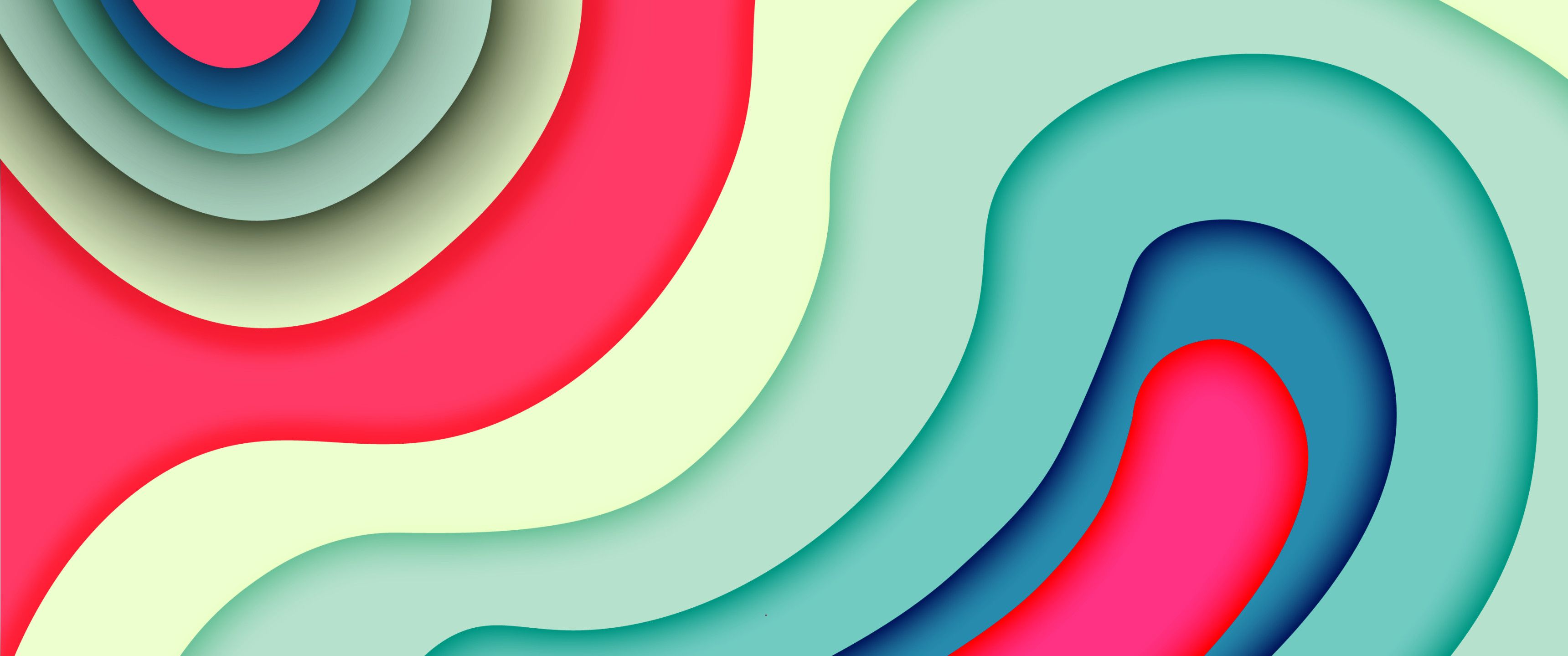 A colorful abstract background with paper cut out shapes - 3440x1440