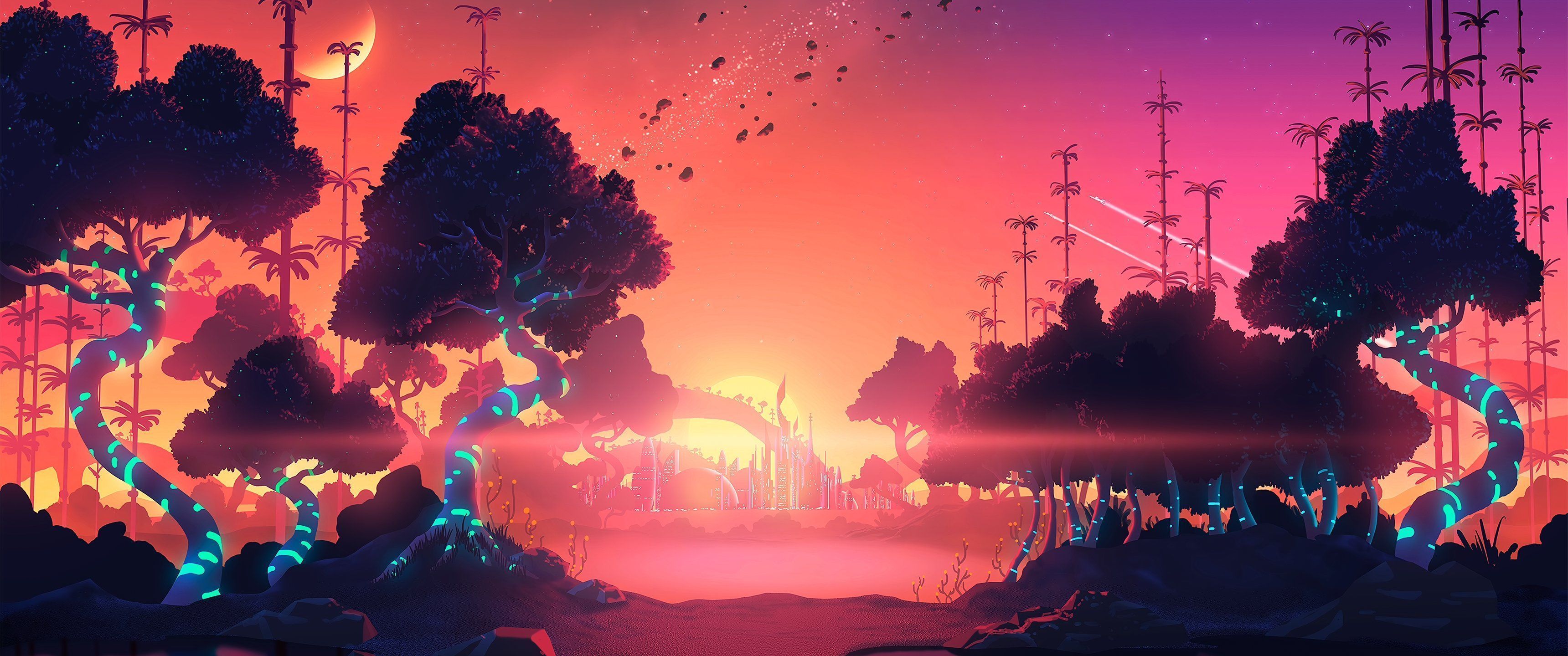 A digital painting of a sunset over a jungle with a pink and purple sky - 3440x1440