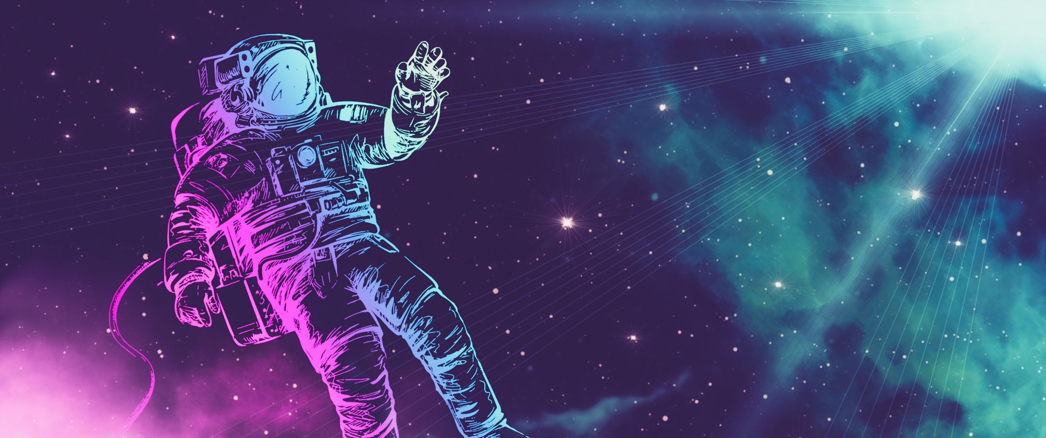 An astronaut is flying through space with a star in the background - 3440x1440