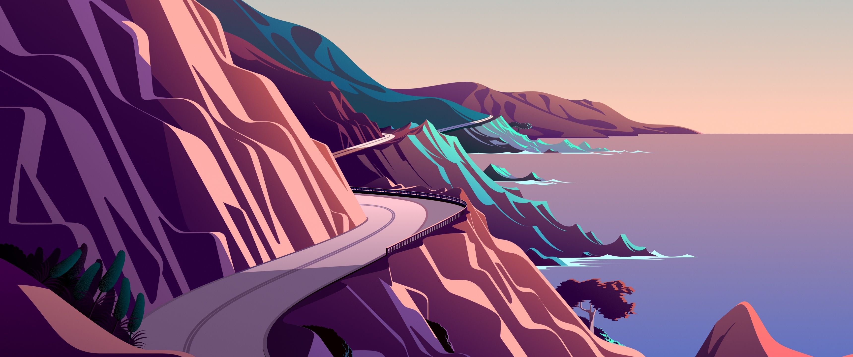 A road is going down the side of some cliffs - 3440x1440