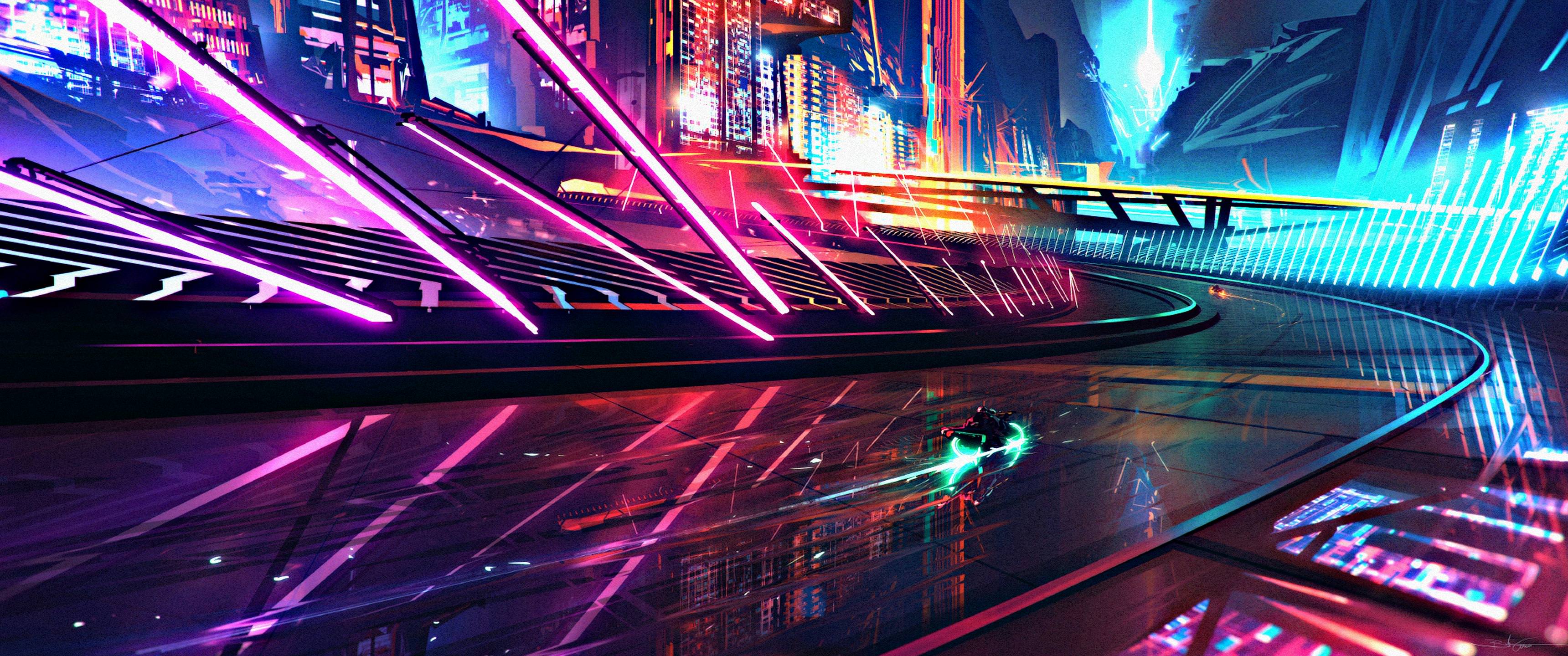 Cyberpunk city street with neon lights and a car - 3440x1440