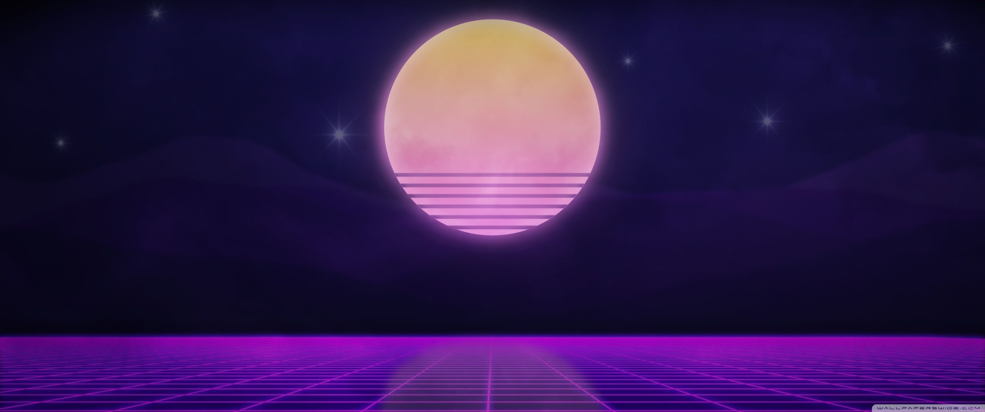 80s retro aesthetic sunset on a virtual neon grid wallpaper background - 3440x1440