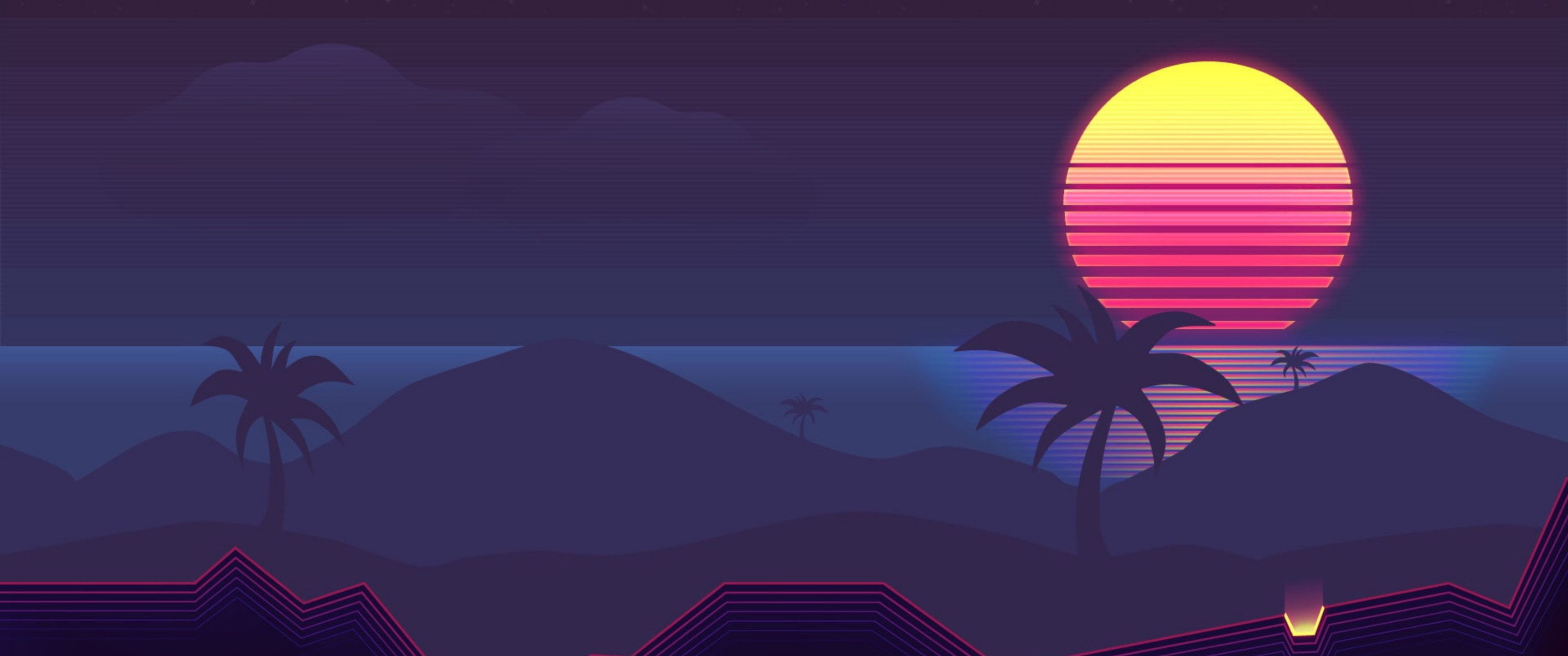 Synthwave wallpaper with palm trees, mountains and a sunset - 3440x1440