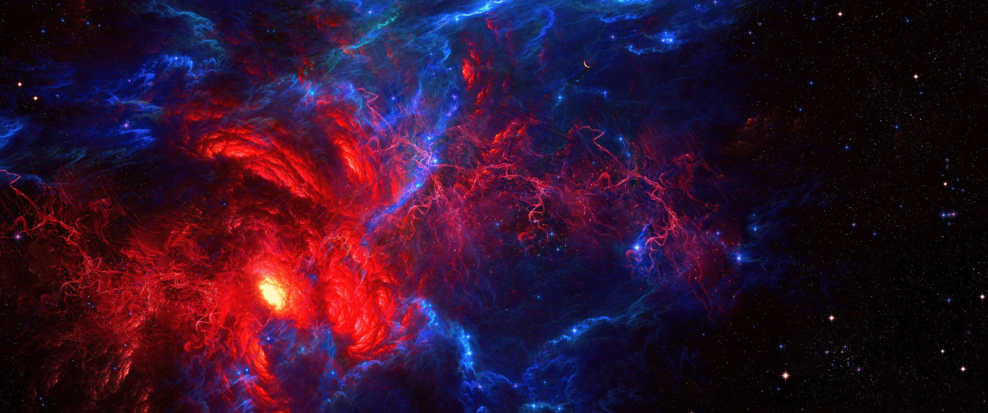 An image of a nebula with red and blue colors. - 3440x1440