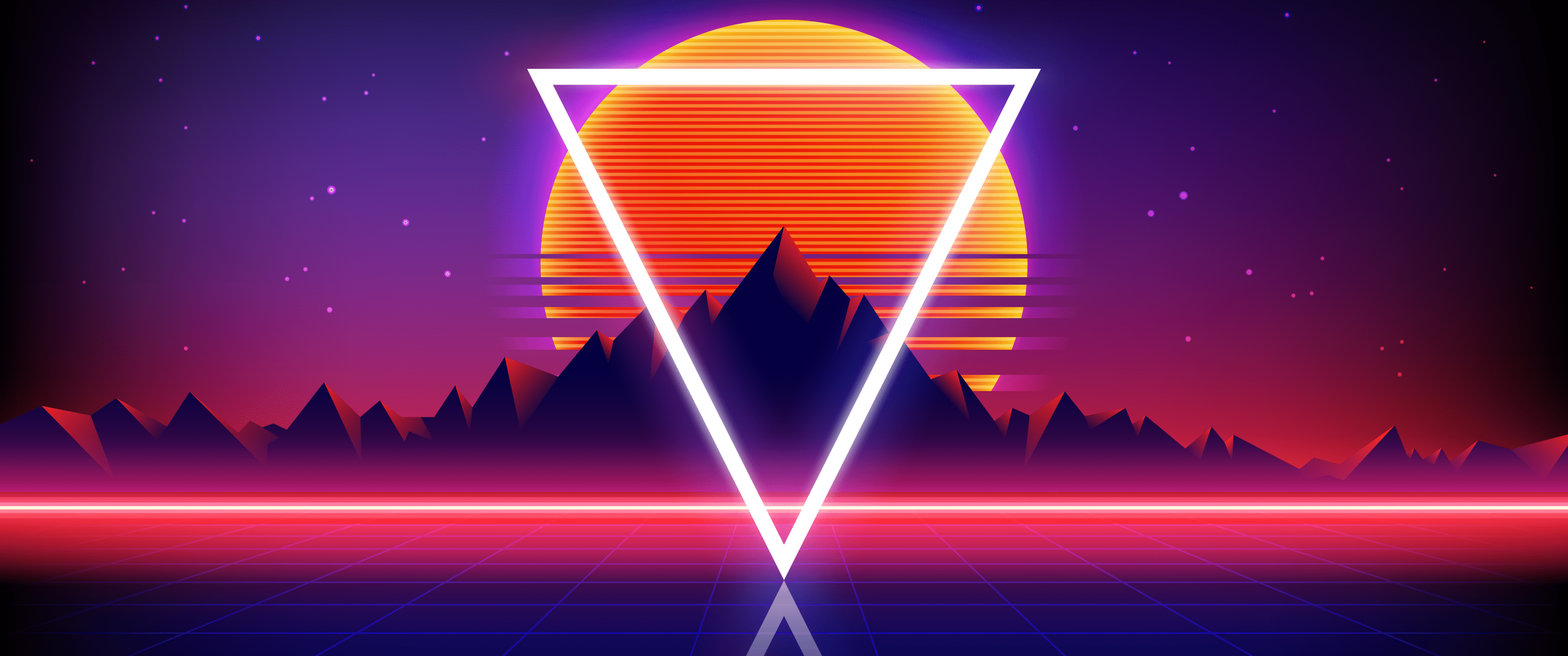 A neon colored image of the sun and mountains - 3440x1440