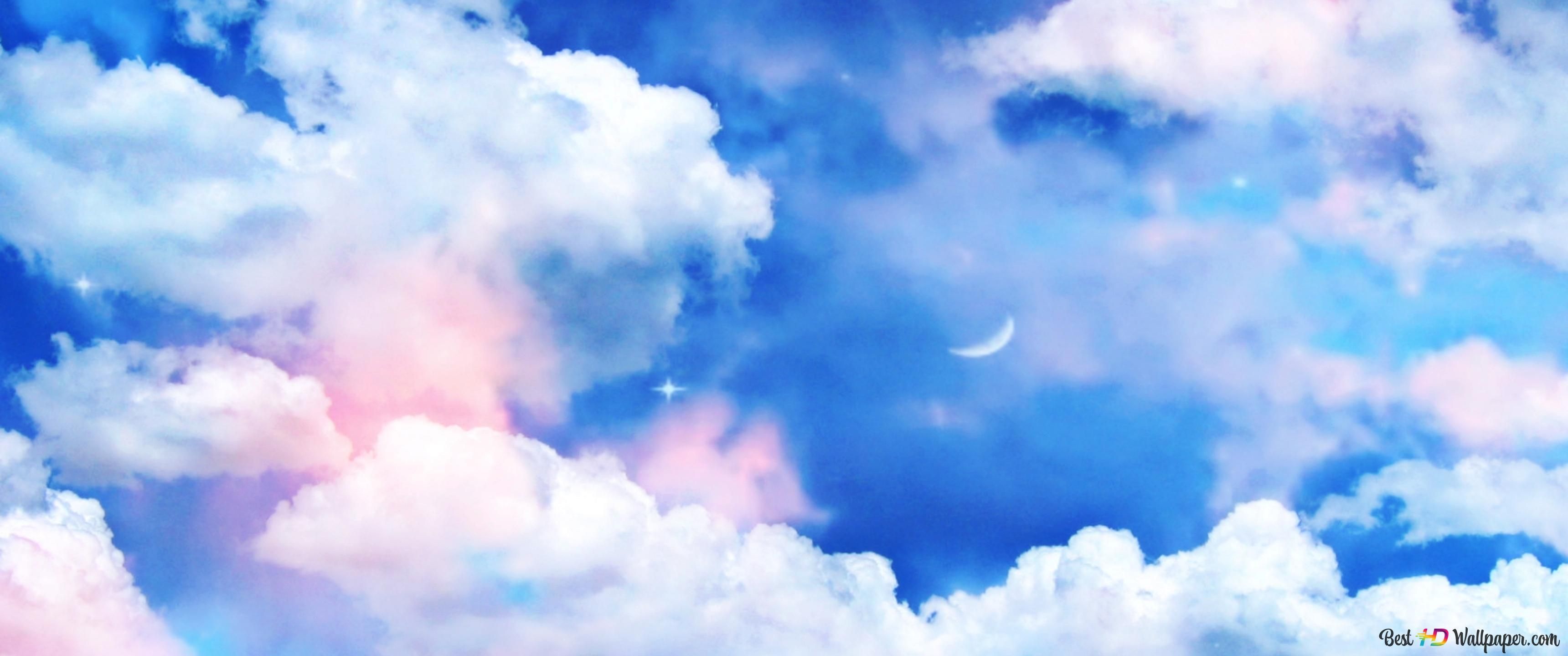 The clouds are pink and blue with stars in them - Desktop, 3440x1440, night