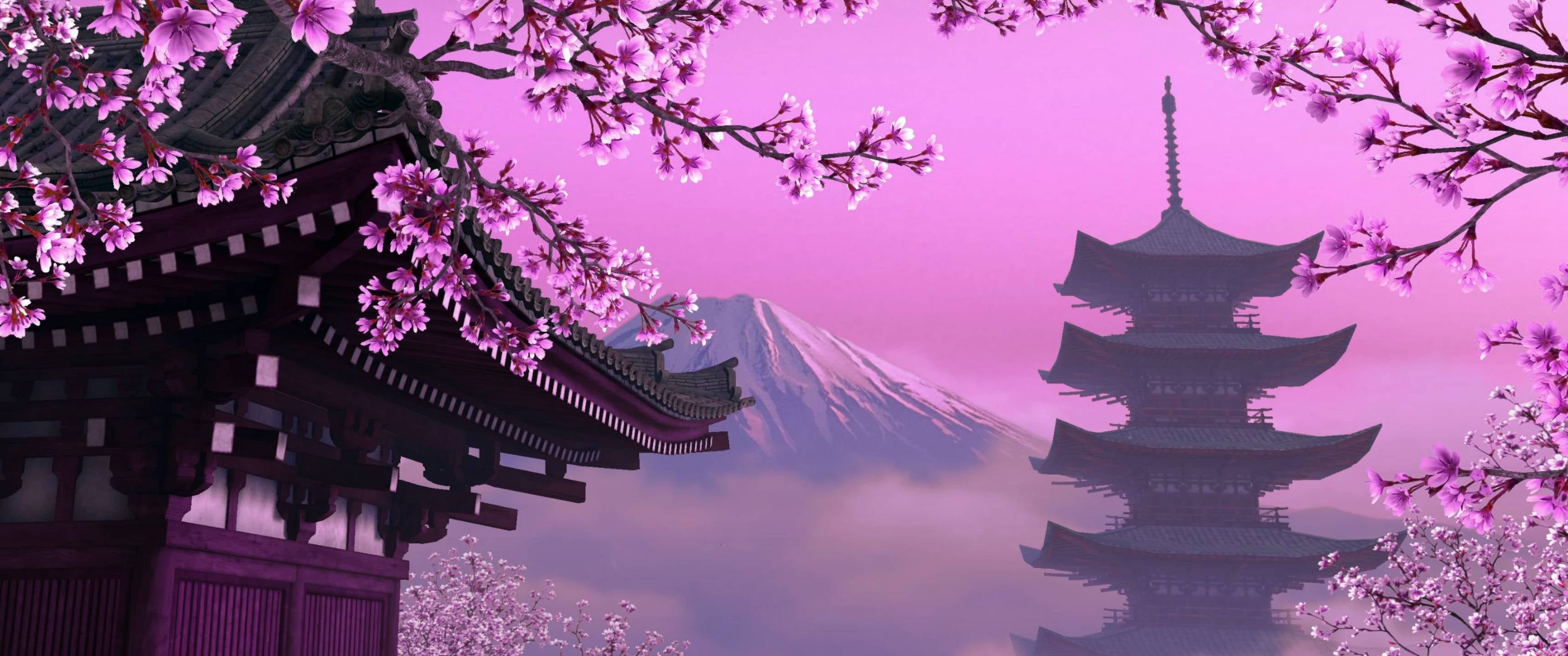 A pink and purple Japanese temple with cherry blossoms in the foreground and a mountain in the background. - 3440x1440