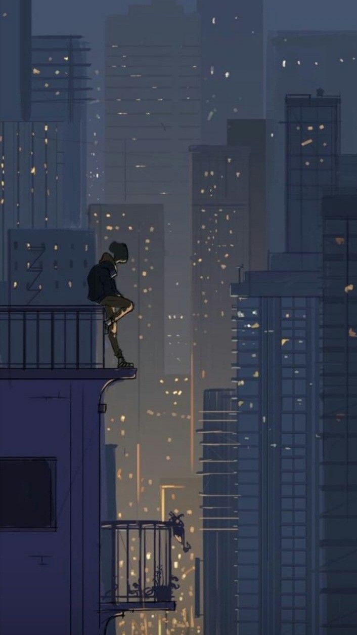 A man standing on the edge of an urban building - Anime city