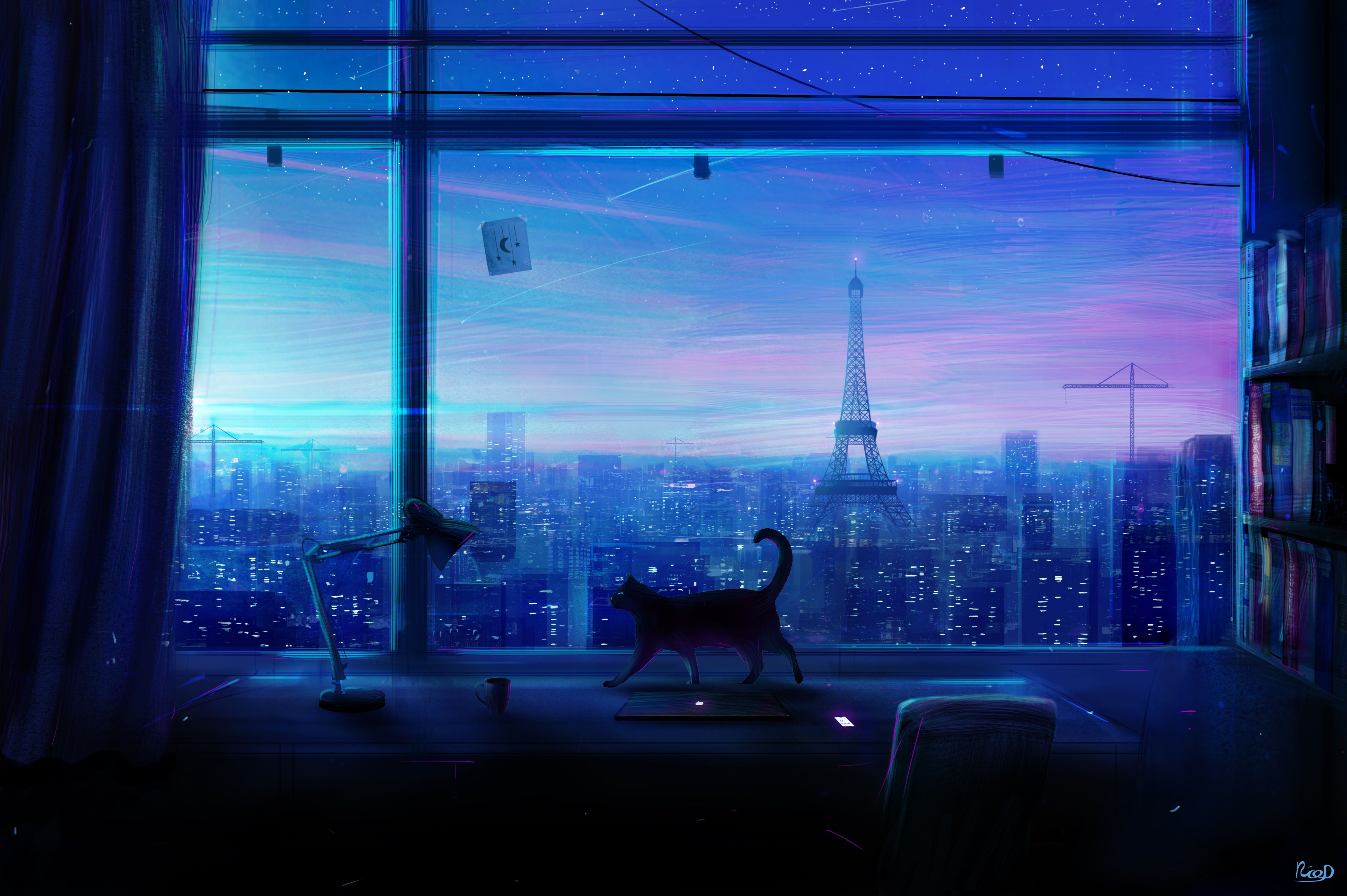A cat standing on a desk in a room with a large window looking out at a city at night - Anime city
