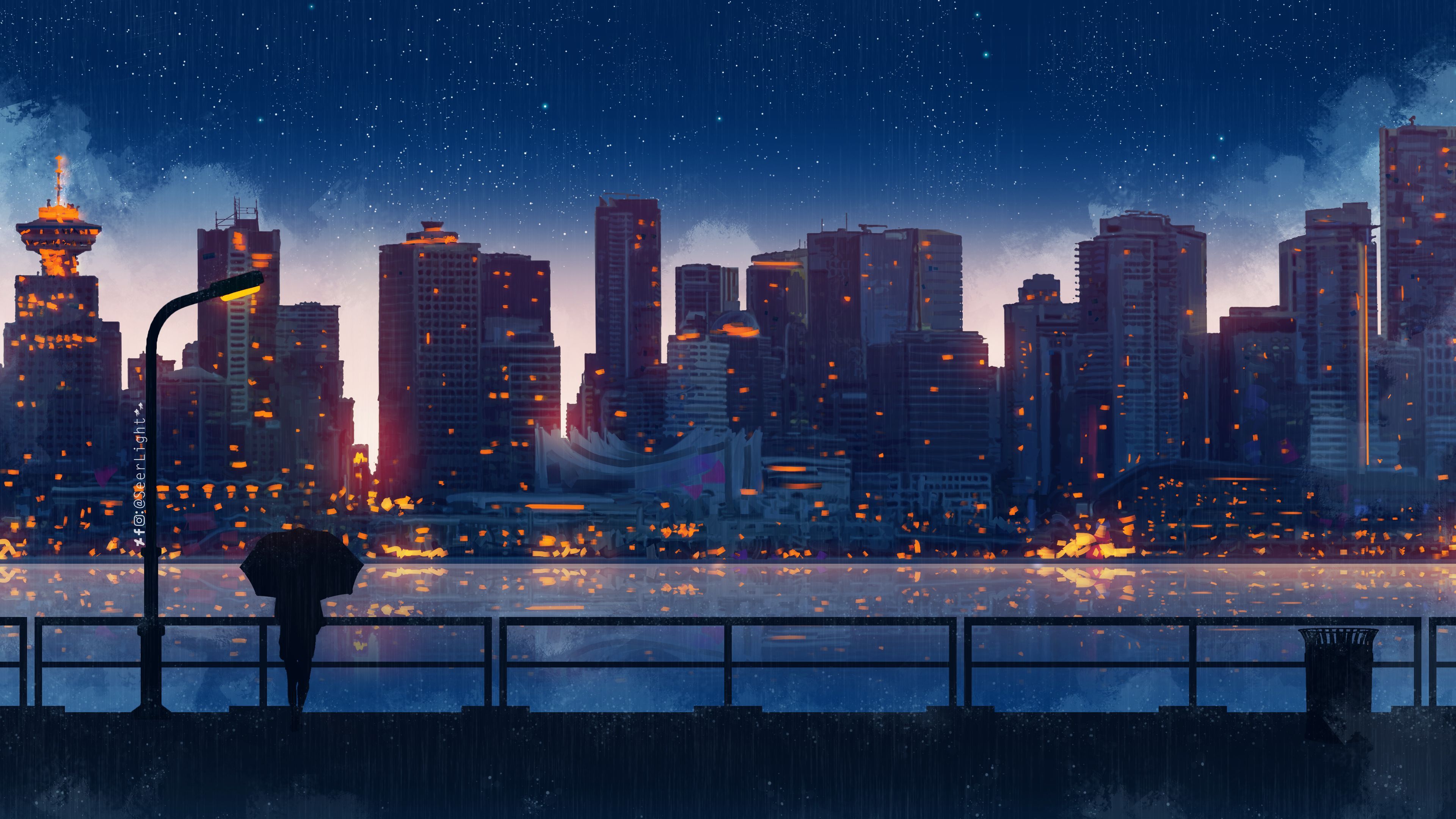A person standing in front of a city at night - Anime city, rain