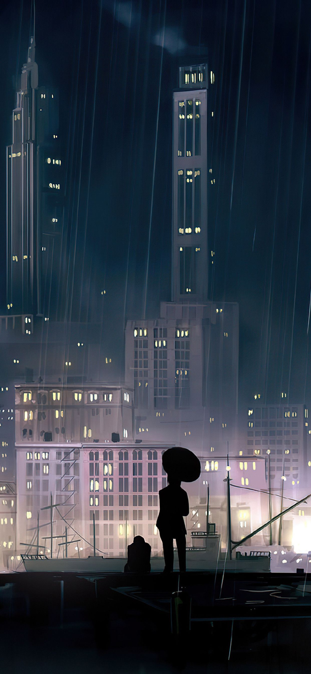 A person standing in the rain at night - Anime city, night