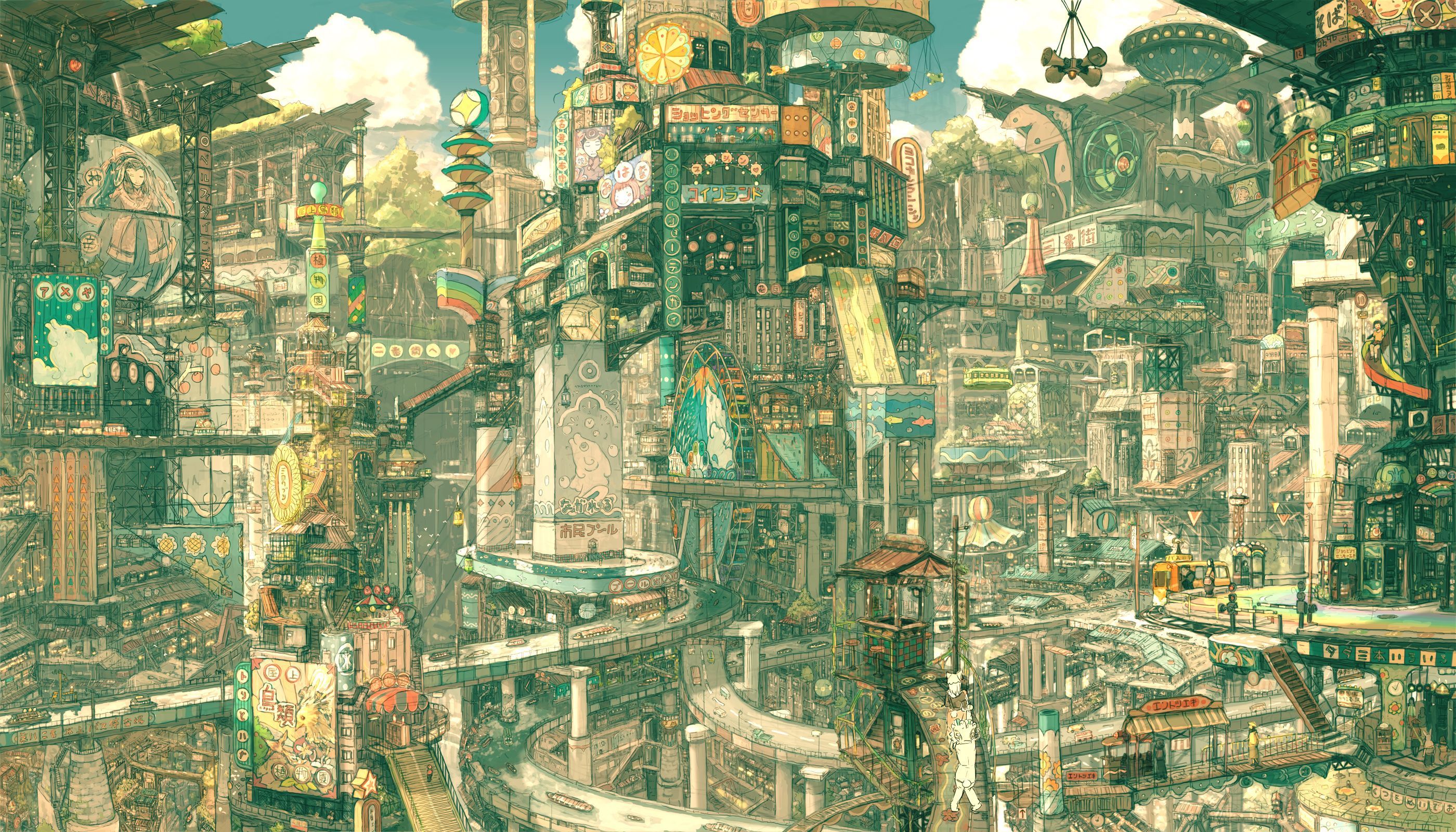 A city made of books, with people and animals going about their business. - Anime city