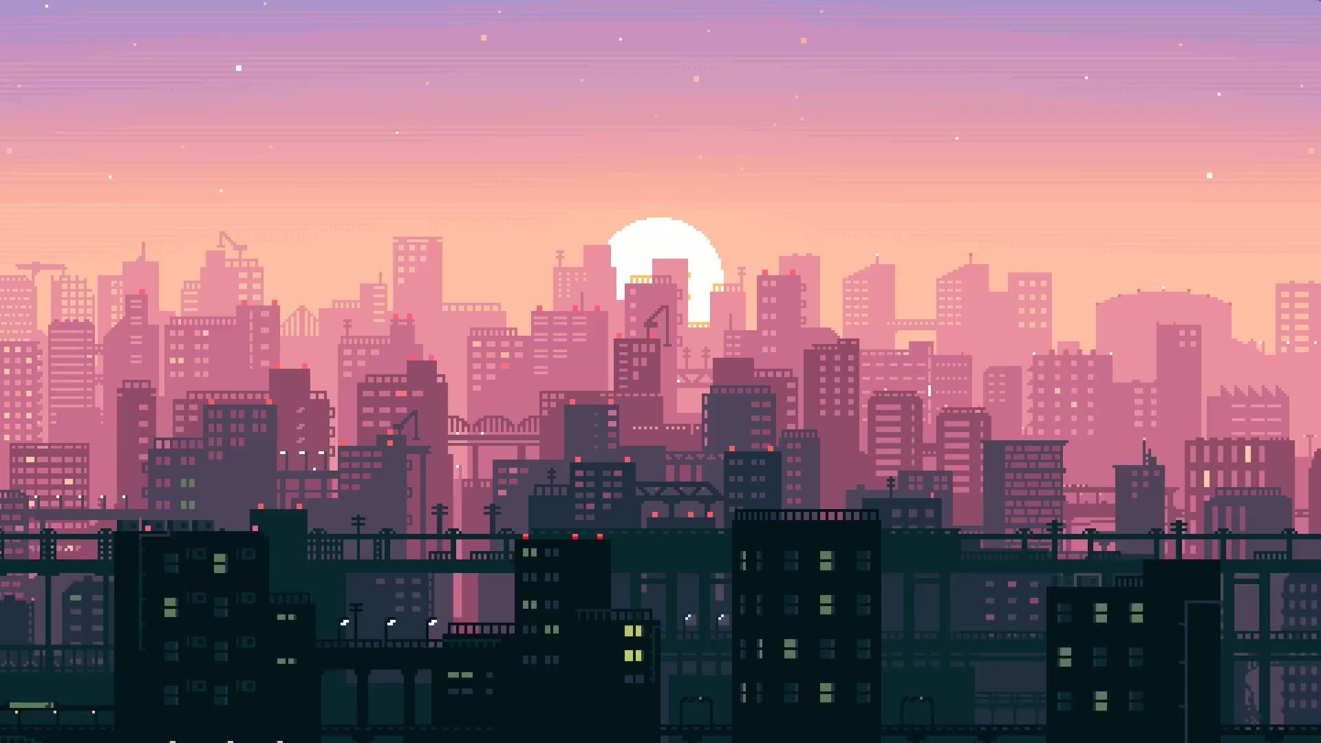 A city skyline with buildings and the sun setting - Anime city