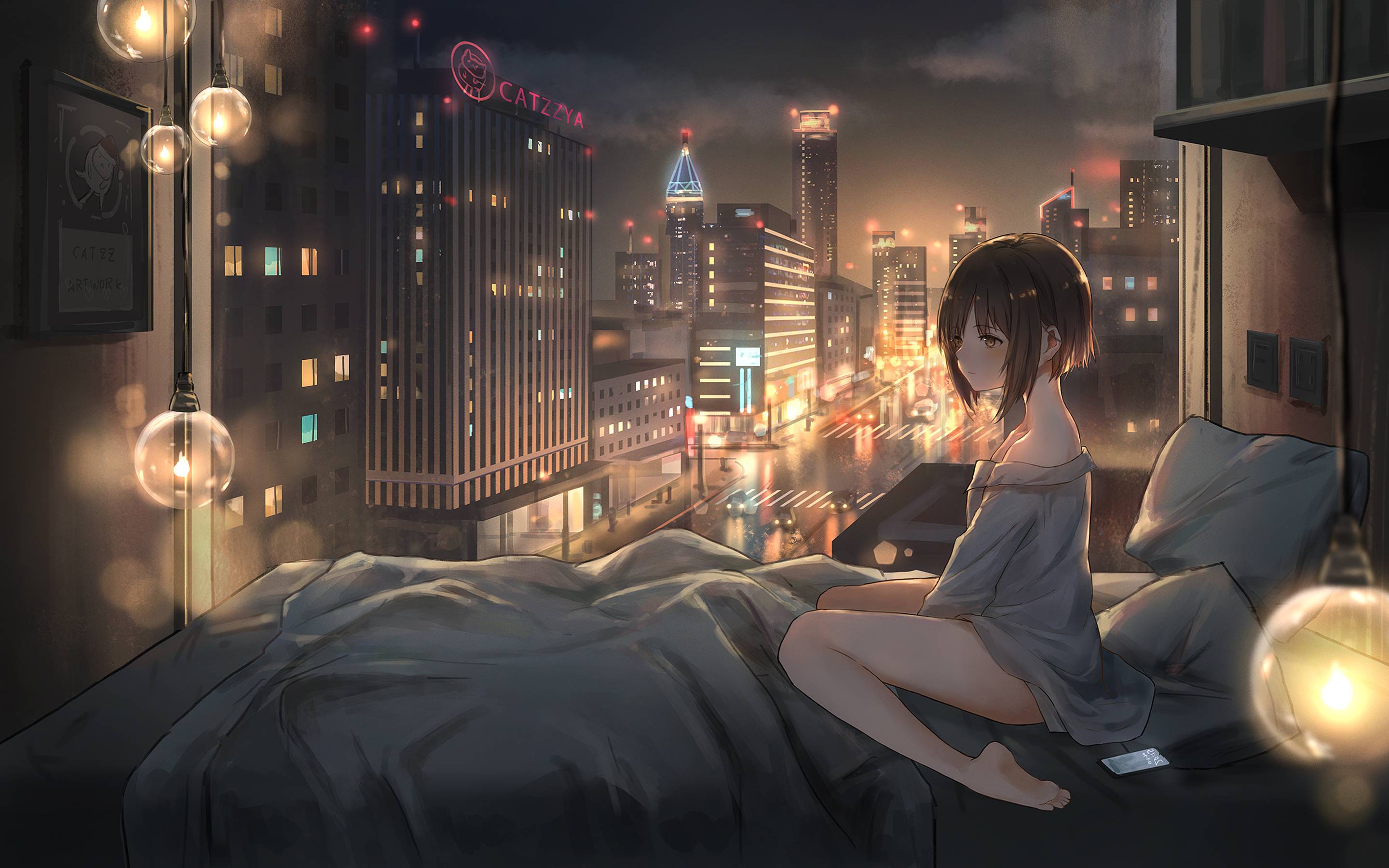 A girl sitting on the bed in the night city wallpaper 1920x1200 - Anime city