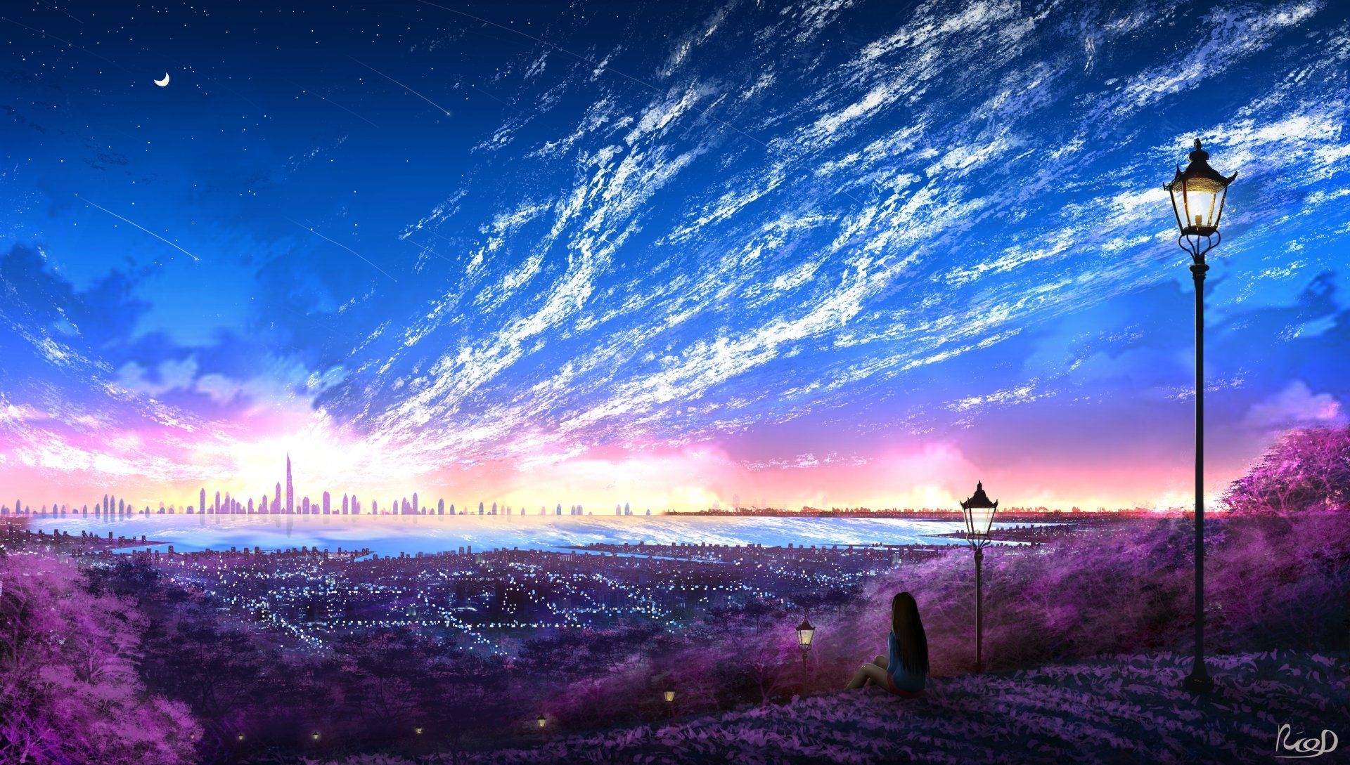 Anime girl sitting on the hill looking at the city wallpaper - Anime city