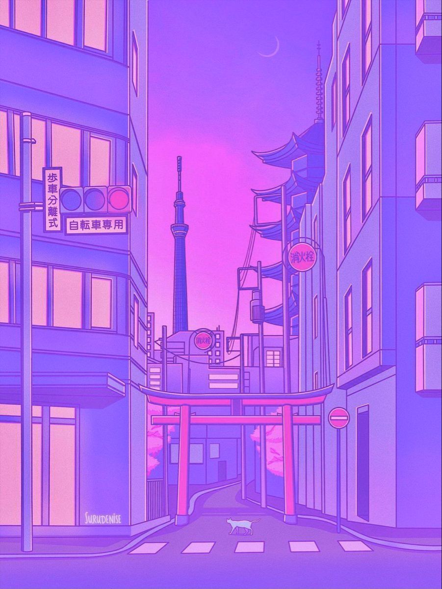 A city street with buildings and purple lighting - Anime city