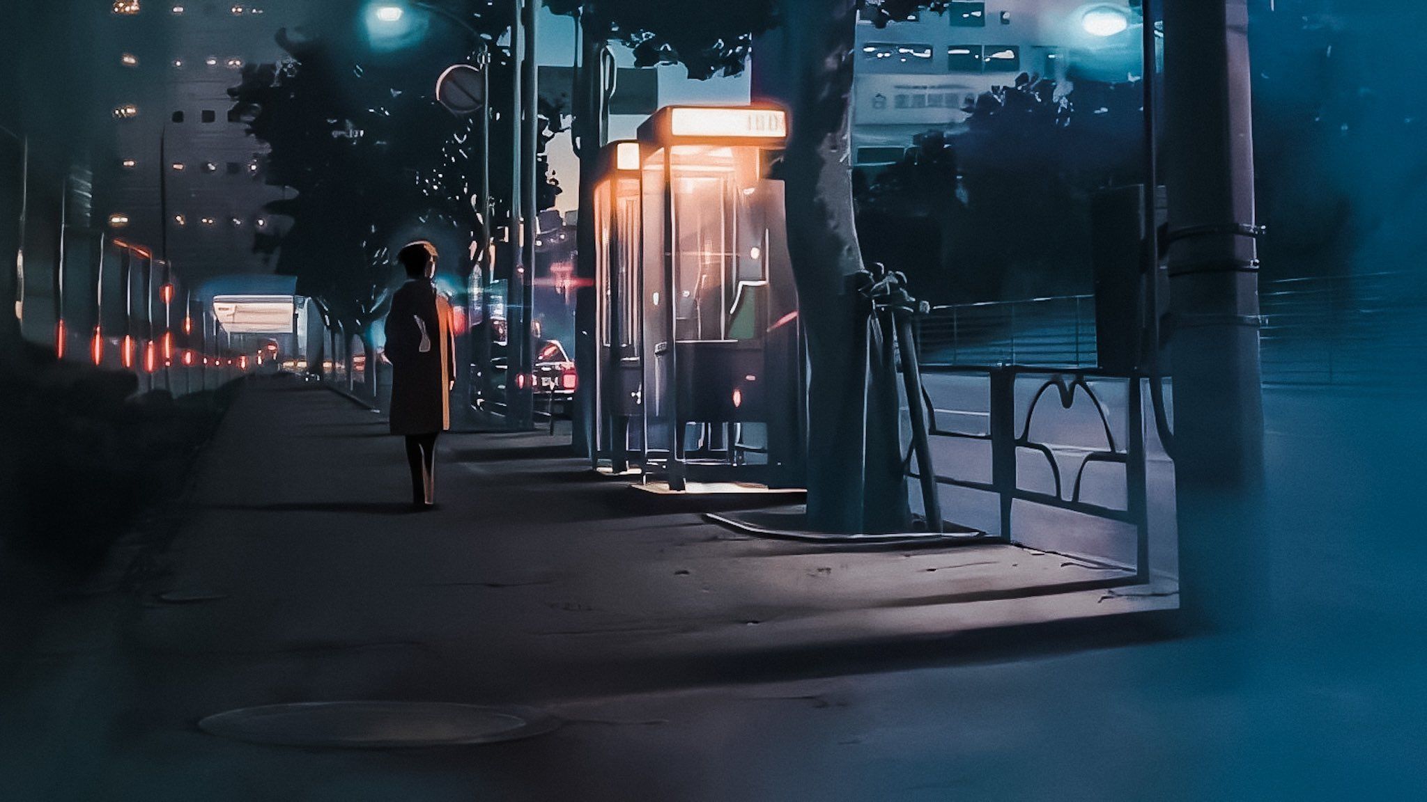 A person standing on the sidewalk at night - Anime city