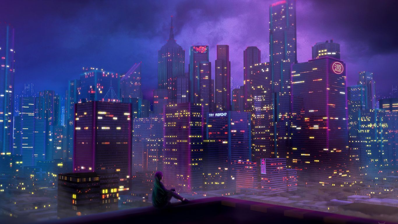 A woman sitting on a ledge overlooking a neon lit city - Anime city