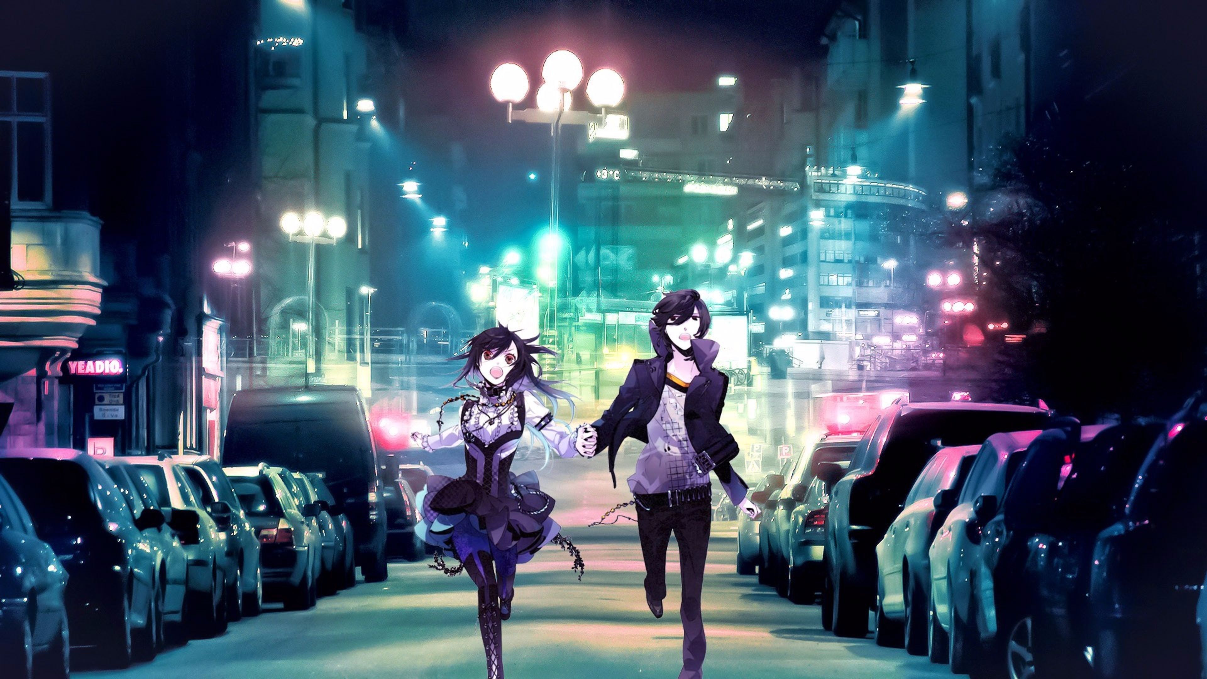Two anime girls walking down the street at night - Anime city