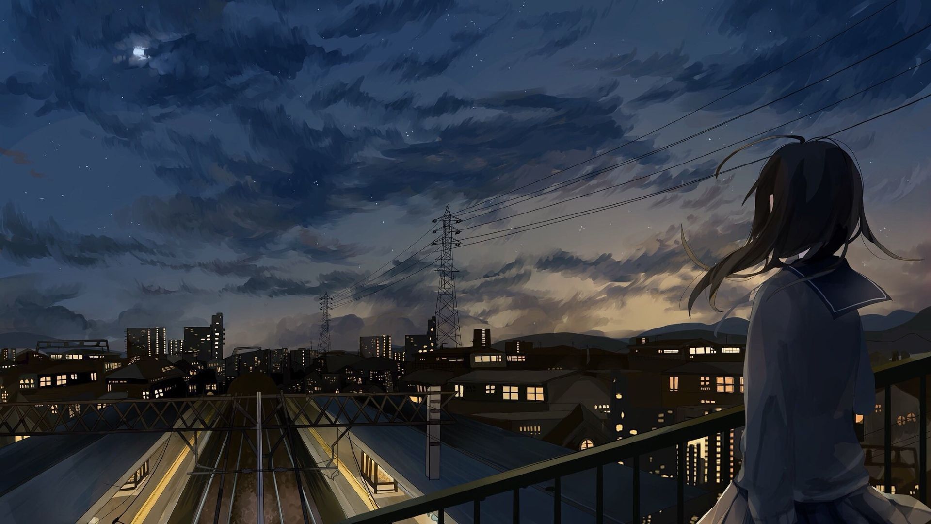 Anime girl looking at the city at night wallpaper background - Anime city