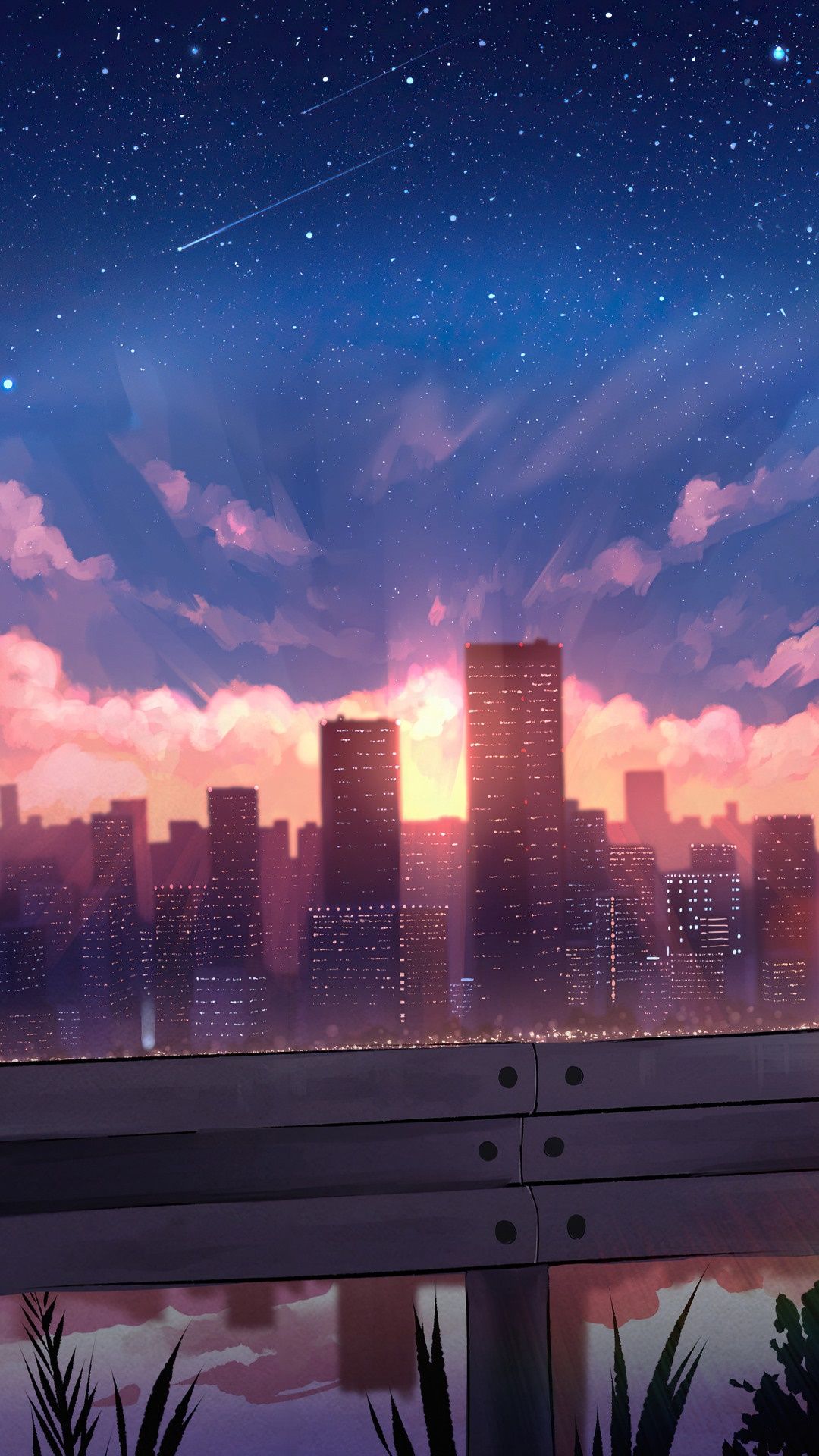 A city skyline at night with stars in the background - Anime city