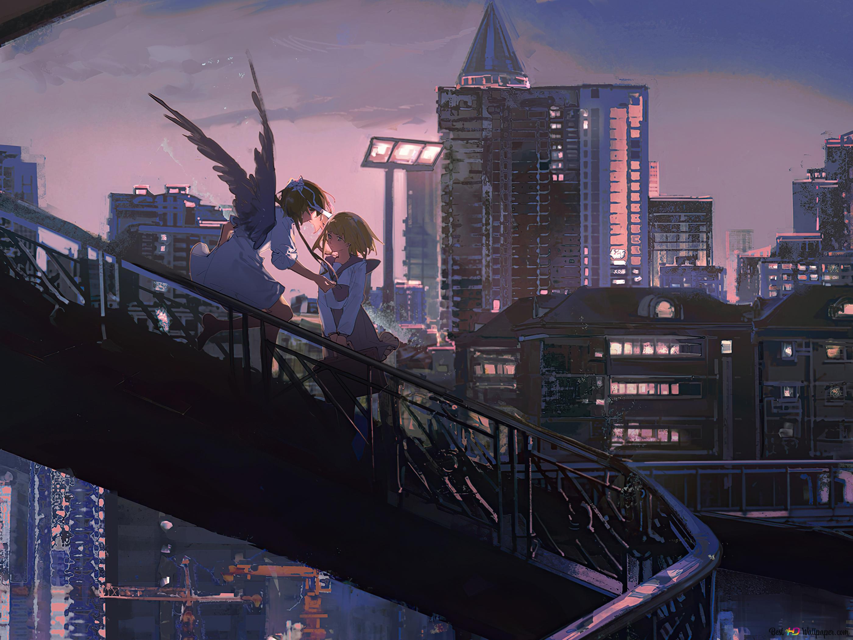 Anime Girls On The Top Of There Town 4K wallpaper download
