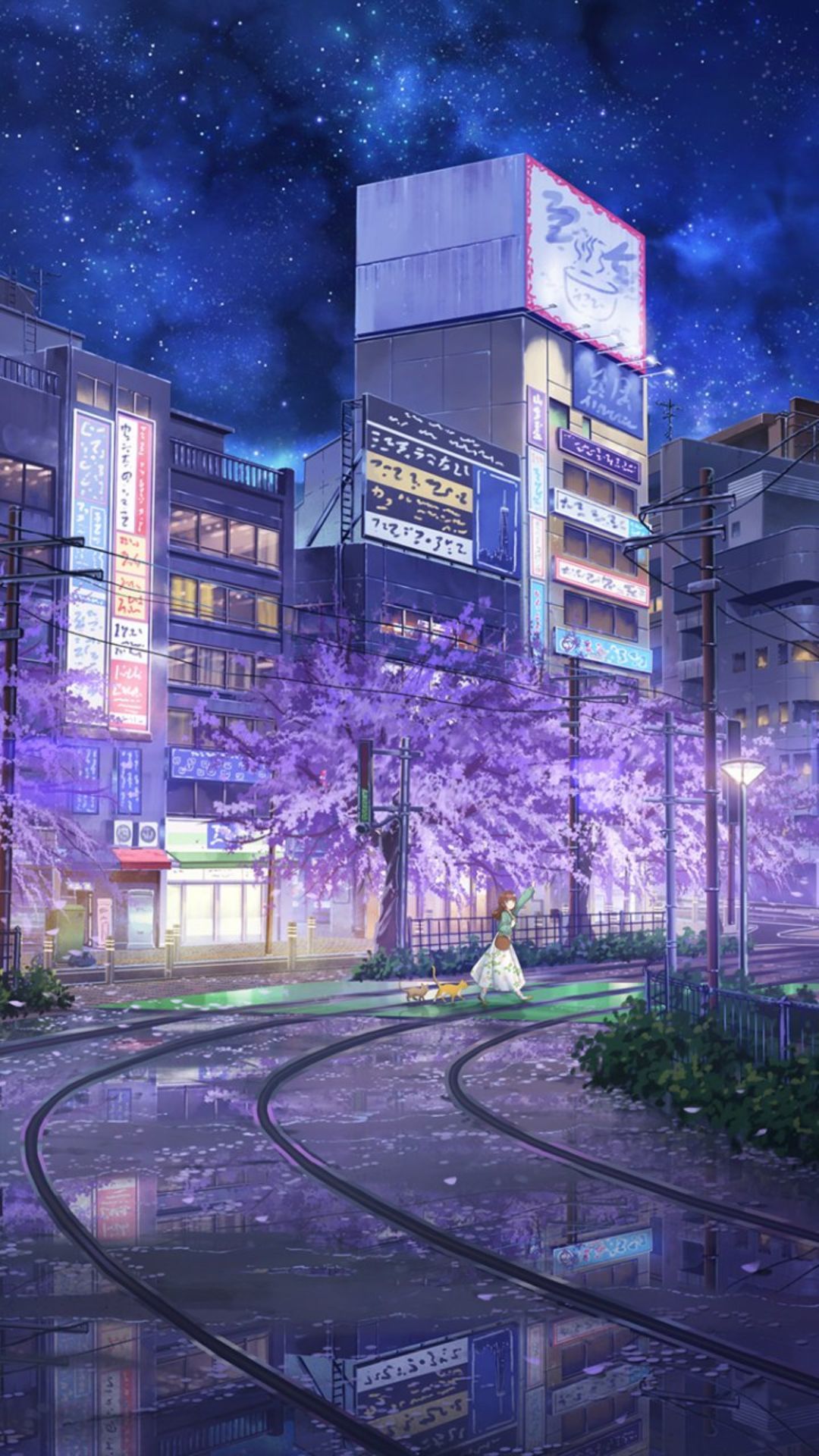 Anime city night with purple trees - Anime city