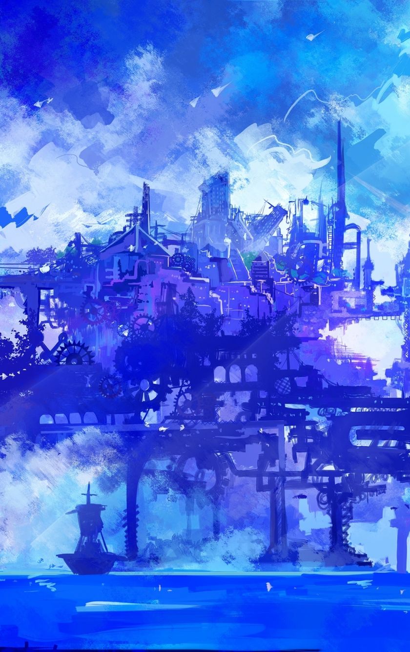 A painting of an industrial city on the water - Anime city